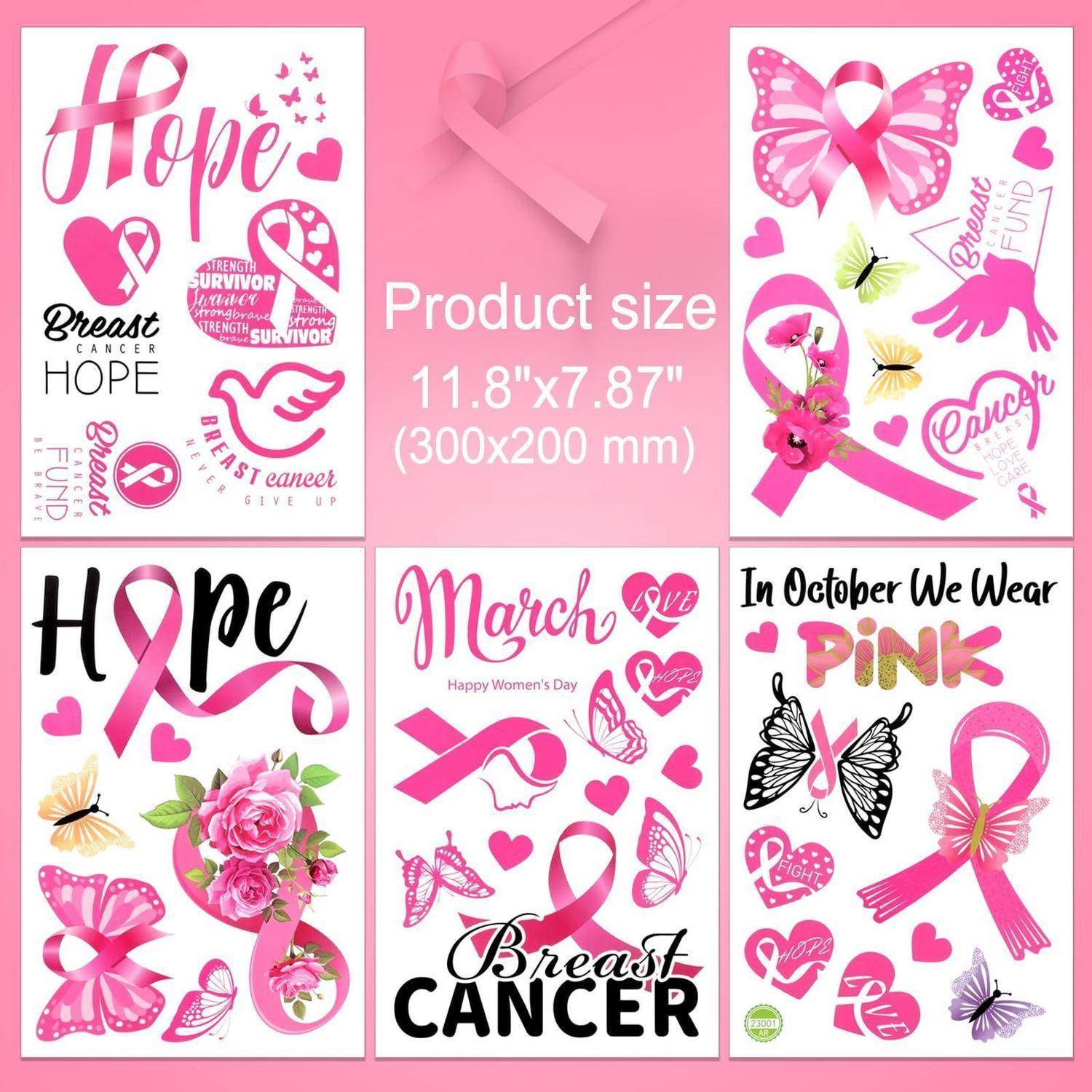 Rosa Brustkrebs-Bewusstseins-Clipart-Set mit Bändern, Schmetterlingen, Herzen und Slogans wie „Hoffnung
