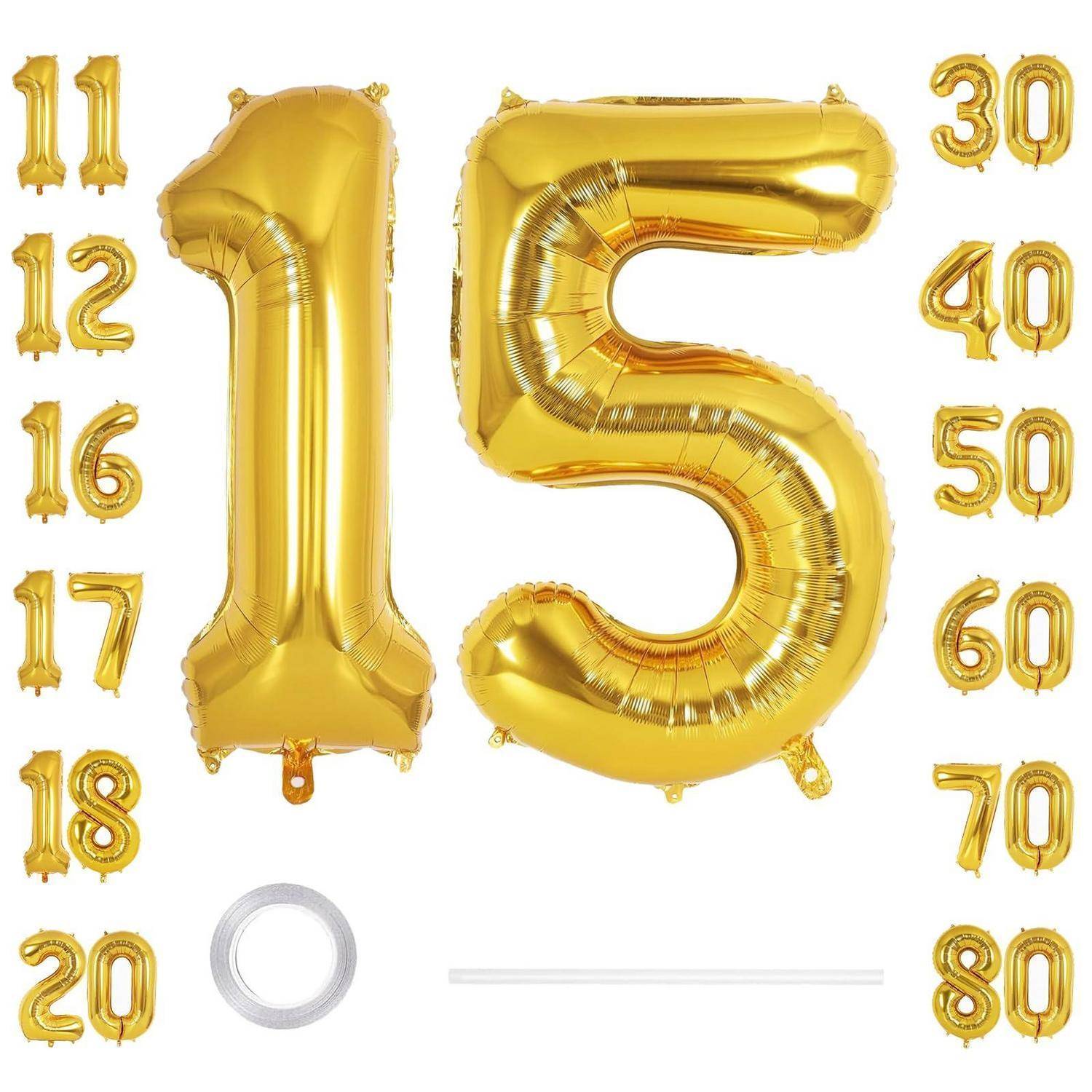 Goldener Ballon Nummer 15 zentriert auf Weiß, umgeben von kleineren goldenen Ballonnummern 11-20 auf der linken Seite und 30-80 auf der rechten Seite.