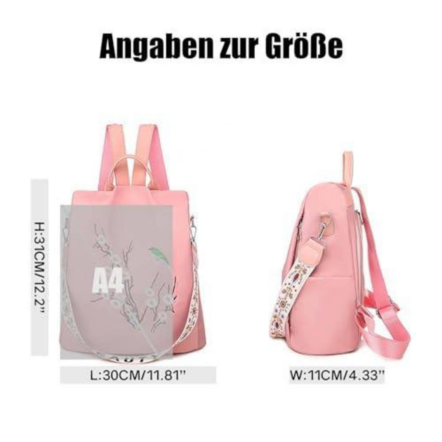 Größentabelle für rosa Rucksack mit Vorder- und Seitenansicht; Abmessungen H 31 cm, L 30 cm, B 11 cm, mit A4-Papier als Größenvergleich.