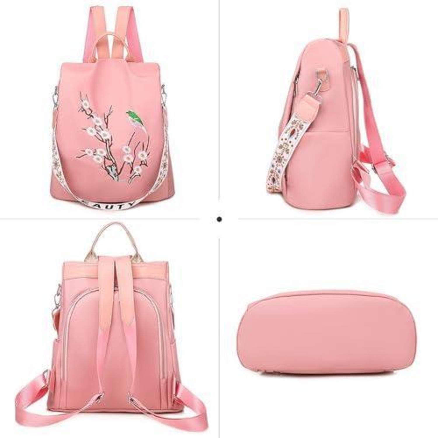 Rosa Rucksack von vier Seiten gezeigt, mit Blumenstickerei, Oberer Griff, Seitenriemen und einer passenden rosa Tasche.