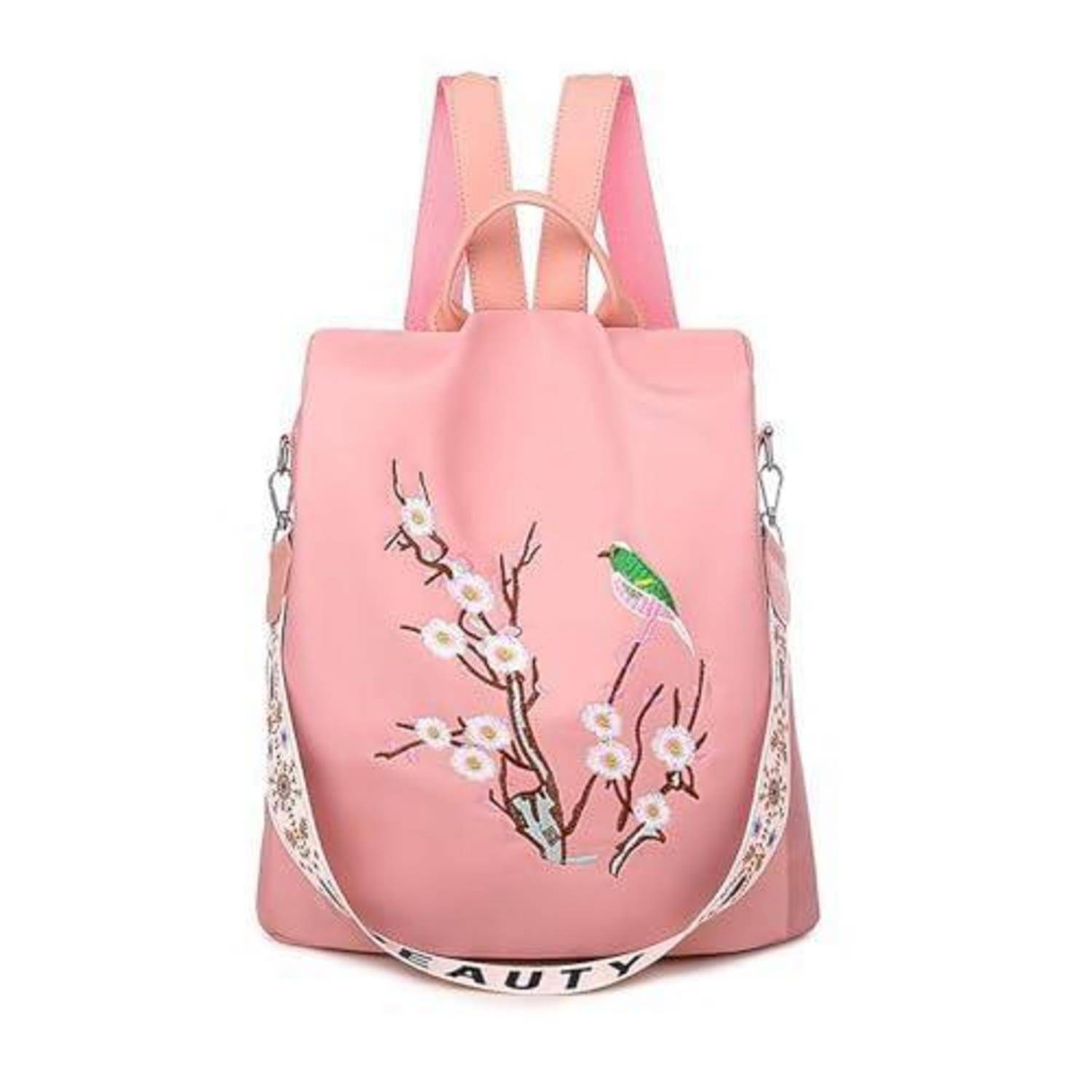 Rosiger Rucksack mit floraler und Vogel-Stickerei und gemusterten Schultergurten auf weißem Hintergrund.