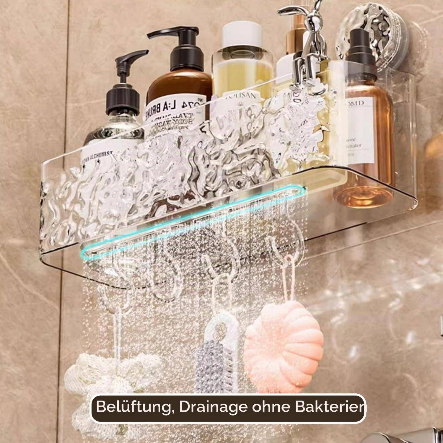 Duschkorb zum Halten von Flaschen und zum Aufhängen von Badeschwämmen, mit einer unteren Leiste zur Belüftung und Entwässerung; deutscher Text sagt „Belüftung, Drainage ohne Bakterien".
