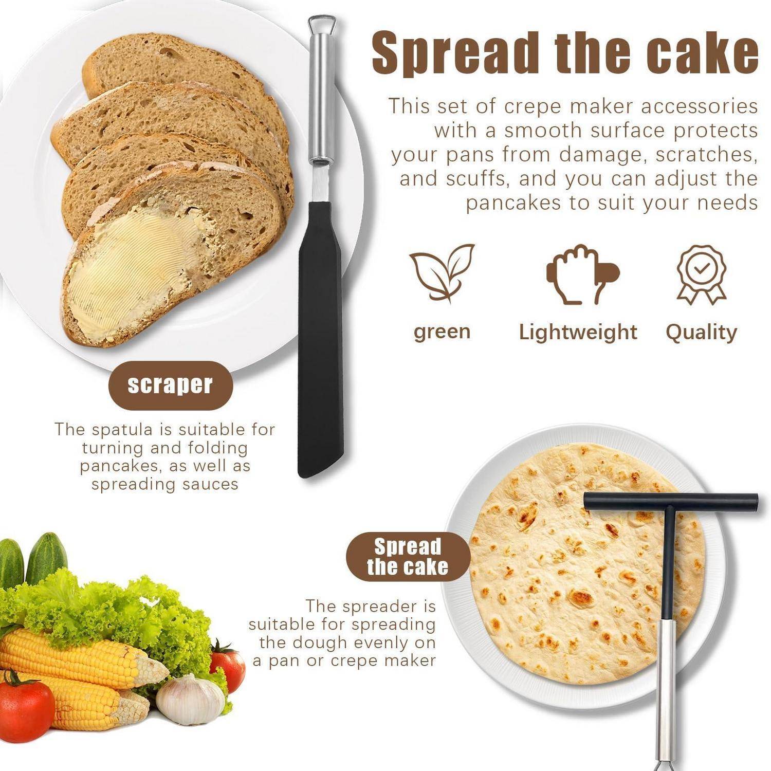 Werbegrafik für Crepe-Maker-Zubehör mit einem Schaber und Verteiler mit Brot und Crepes, gekennzeichnet mit „Verbreite den Kuchen