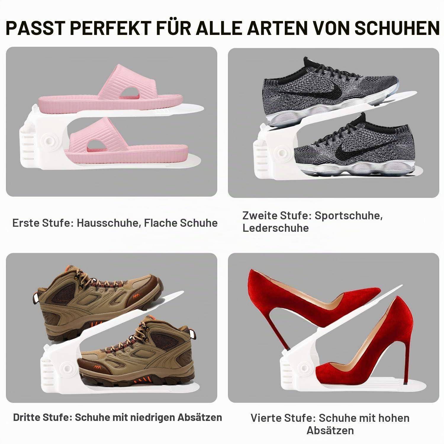 Diagramm eines Schuhregal mit vier verstellbaren Ebenen für verschiedene Schuhtypen: flache Schuhe, Sneaker, niedrige Absätze und hohe Absätze.