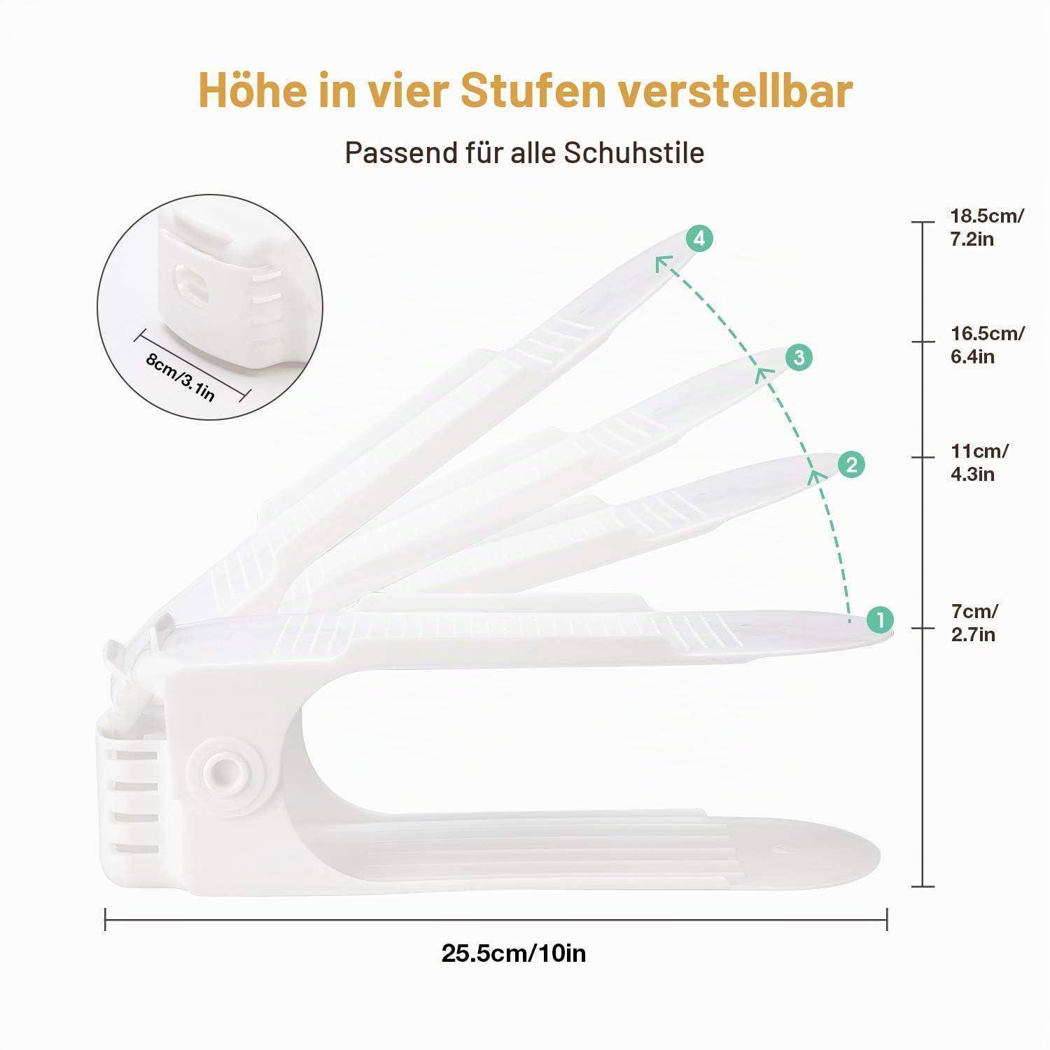 Diagramm eines Schuhspanners, der auf vier Höhenpositionen einstellbar ist, für alle Schuhstile geeignet, mit Abmessungen von 25,5 cm Breite und 7-18,5 cm Höhe.