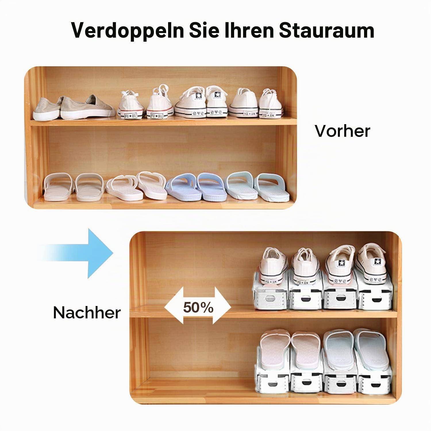 Vor-und-Nachher-Beispiel für Schuhaufbewahrung mit deutschem Text „Verdoppeln Sie Ihren Stauraum"; das Nachher-Bild zeigt eine 50-%-Platzersparnis-Regaliorganisation mit Schuhkartons.