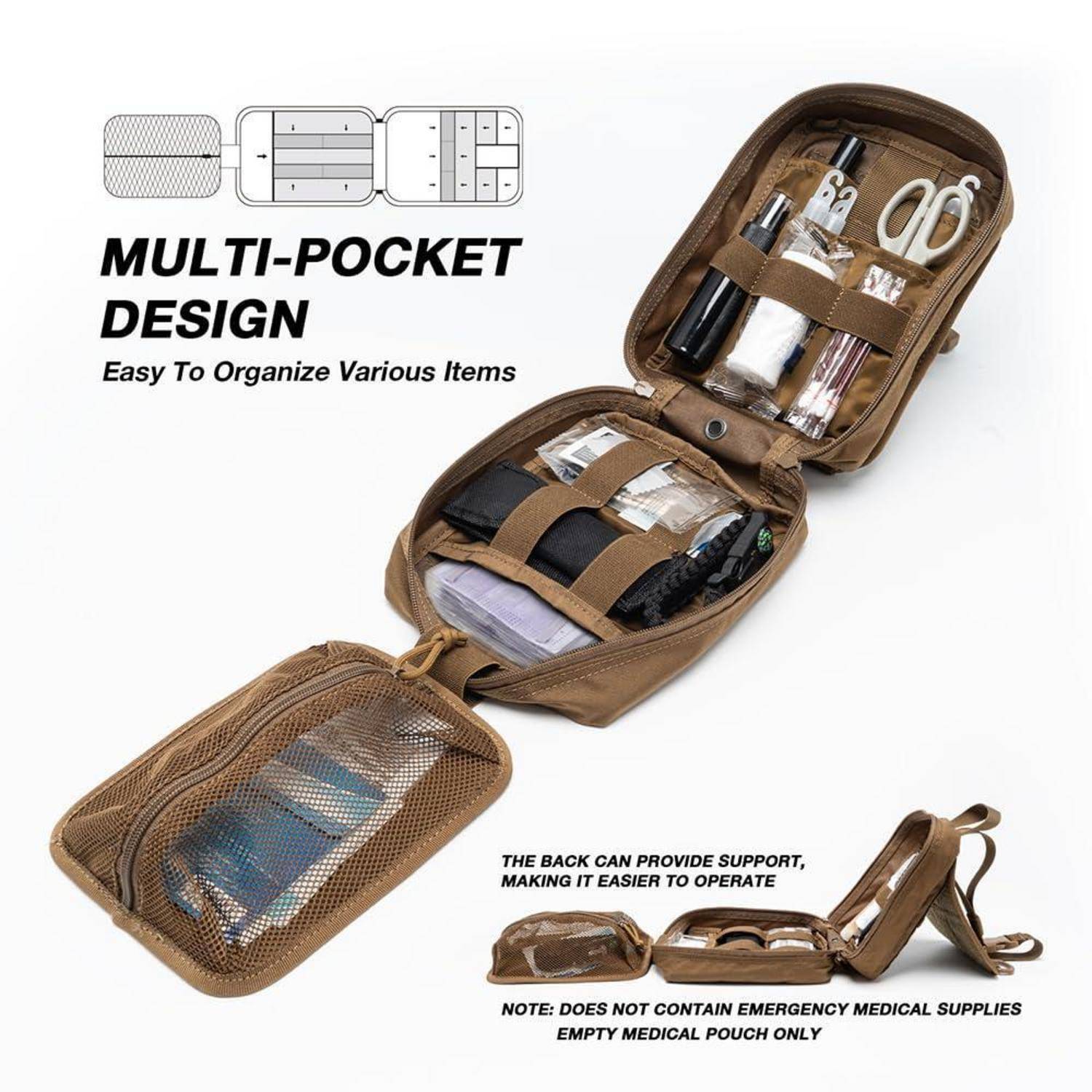 Braune medizinische Multitasche mit mehreren Taschen, geöffnet, um organisierte Fächer für Vorräte zu zeigen, mit Text, der einfache Organisation und Unterstützung bewirbt.
