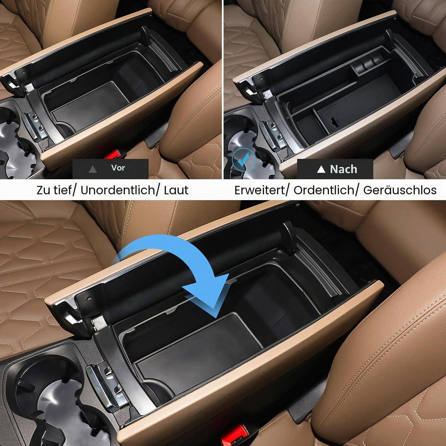 Speicherorganizer für die Mittelkonsole des Autos, dargestellt in Vorher-und-Nachher-Ansichten, die ein tiefes, unordentliches Fach in ein ordnungsgemäßeres, leichter zugängliches Tablett umwandeln.
