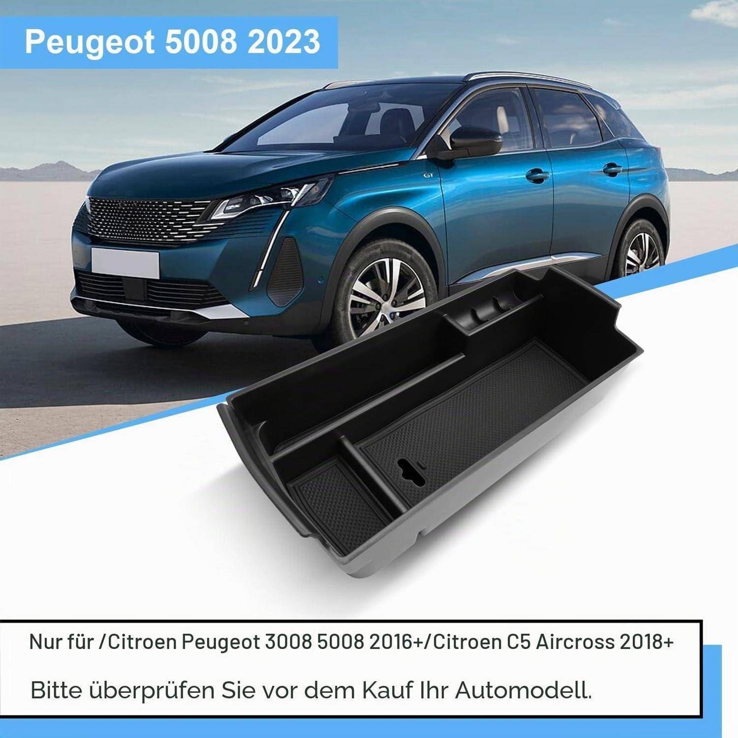 Peugeot 5008 2023 mit schwarzer Mittelkonsolenfach-Einsatz; Deutsche Textnotizen passen für Citroën-/Peugeot-Modelle und zur Überprüfung des Automodells vor dem Kauf.
