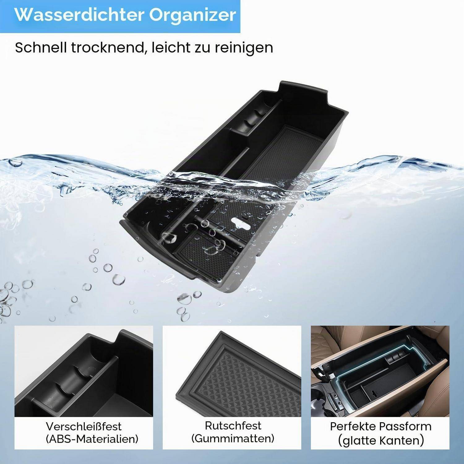Werbebild eines wasserdichten Autoorga­nizers, der unter Wasser getaucht ist, mit der Beschriftung „Wasserdichter Organizer" und „Schnell trocknend, leicht zu reinigen"", mit Detailaufnahmen, die strapazierfähige, rutschfeste und maßgeschneiderte Passform zeigen.