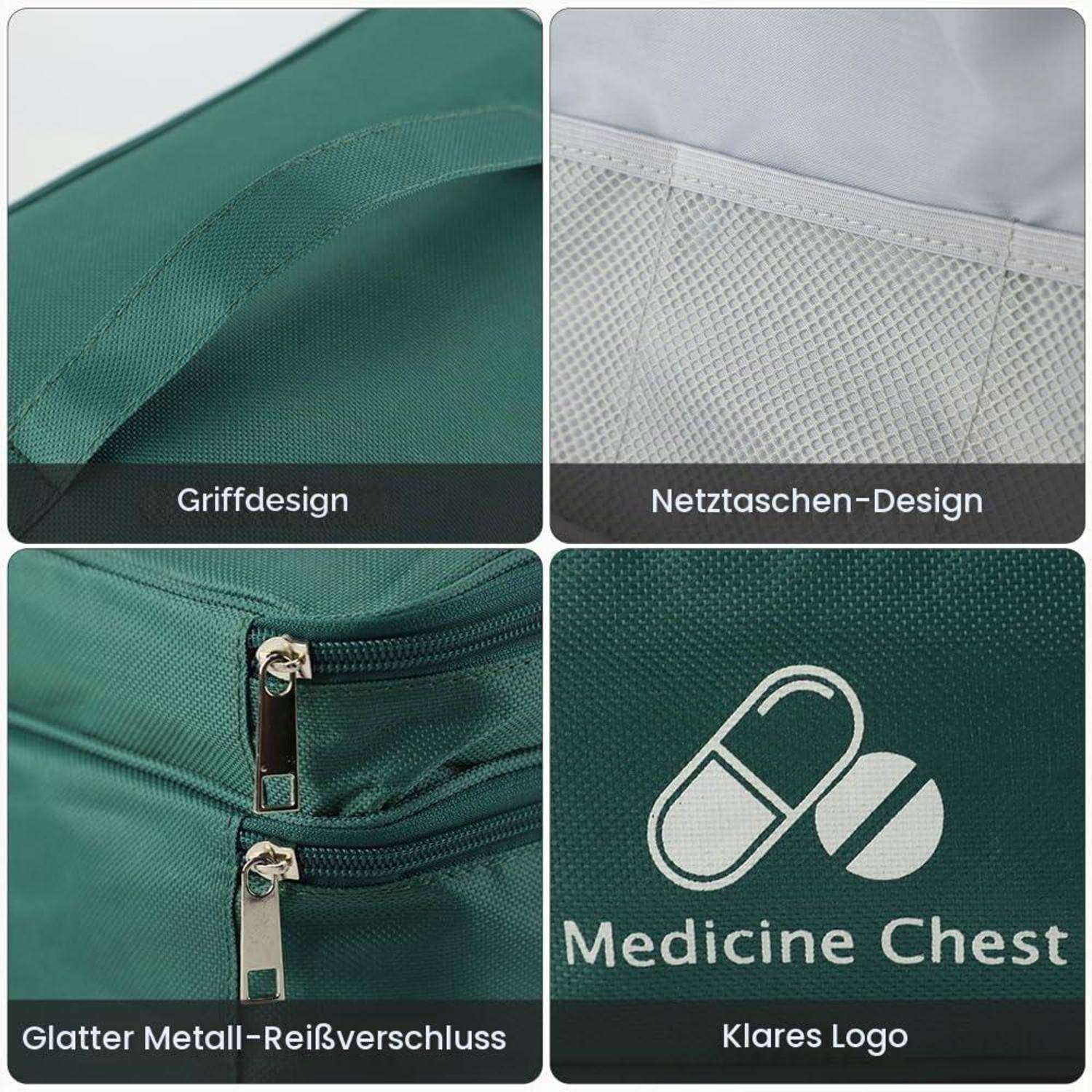 Vierteiliges Produktbild, das eine grüne Medizinkassette mit Griff, Netztasche, Metallreißverschlüssen und bedrucktem Pillenlogo mit der Beschriftung "Medicine Chest"" zeigt.