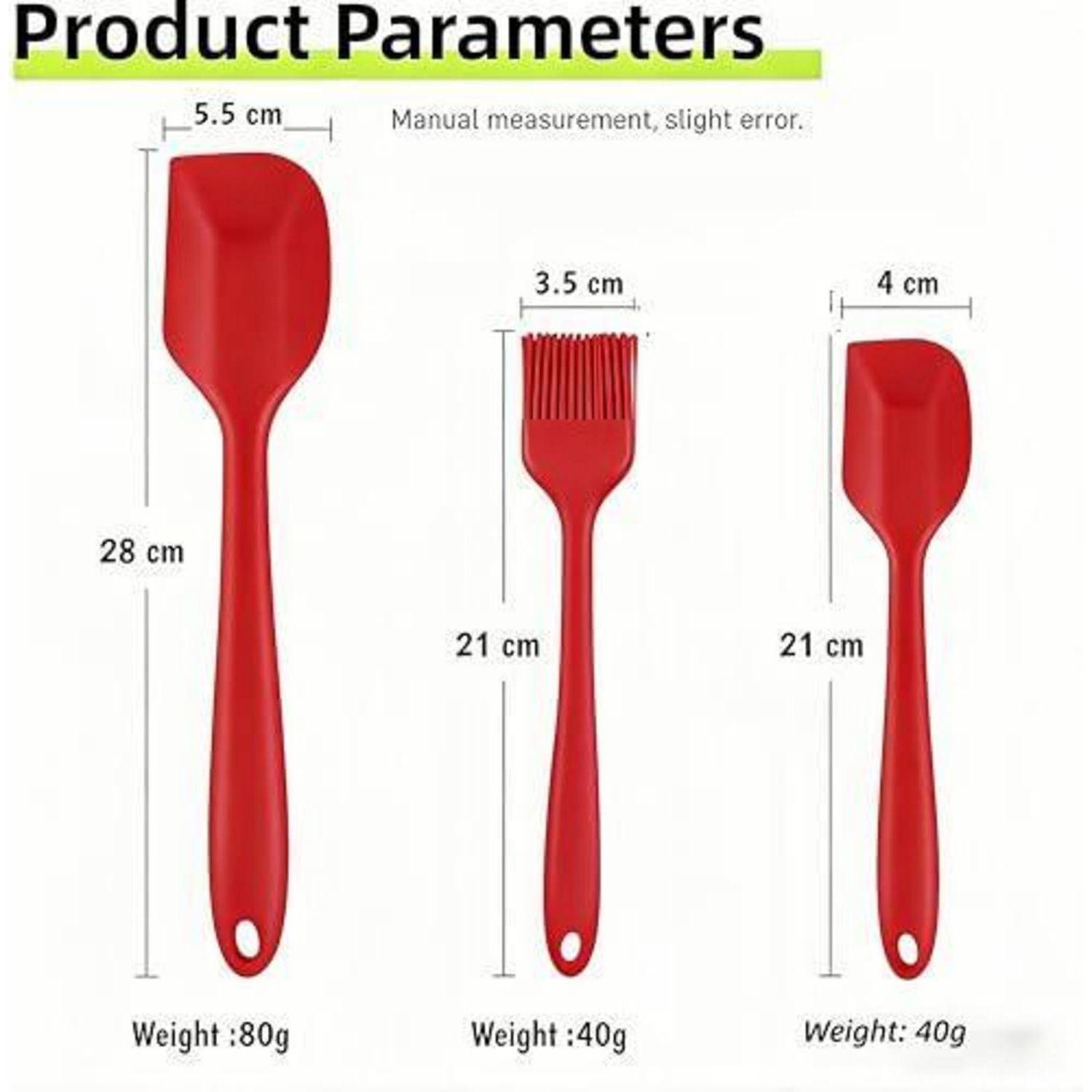 Produktparameterbild mit drei roten Küchenutensilien und deren Abmessungen und Gewichten: Links Spatel 28 cm, 5,5 cm breit, 80 g; Mitte Bürste 21 cm, 3,5 cm breit, 40 g; rechts Spatel 21 cm, 4 cm breit, 40 g.
