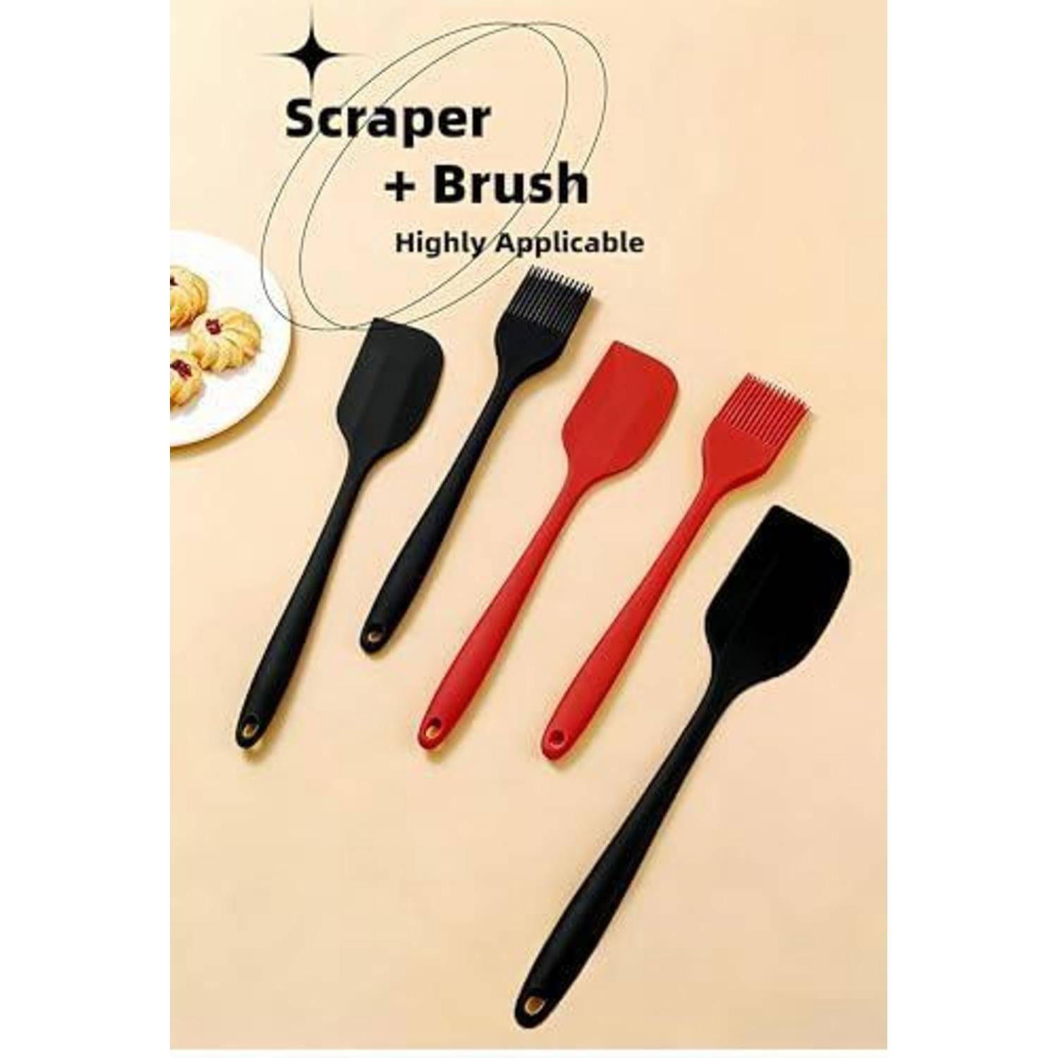 Produktbild von vier Silikon-Schaber- und Bürstenspateln in Schwarz und Rot, mit der Bezeichnung „Scraper + Brush