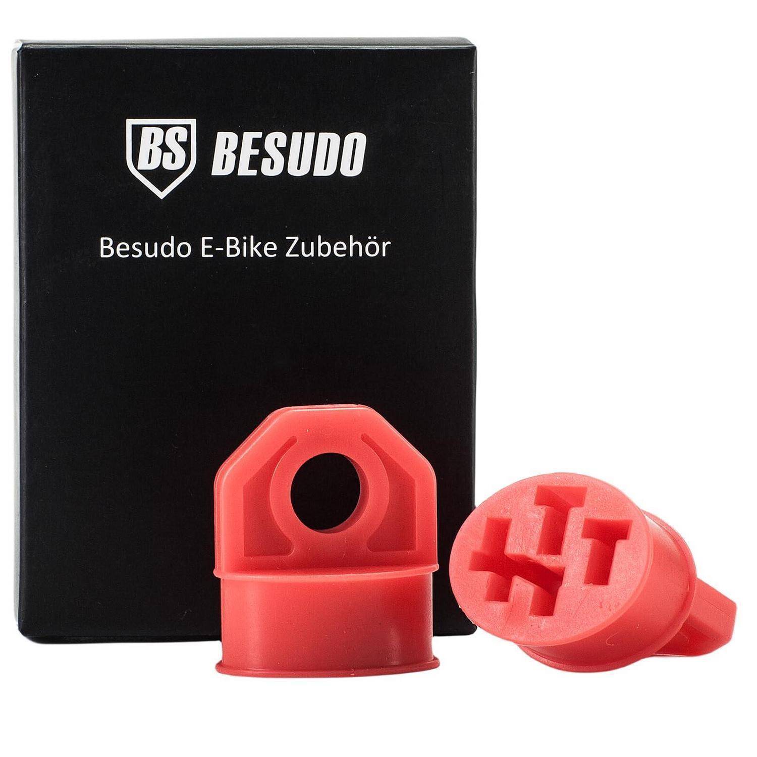 Besudo E-Bike Zubehörbox mit zwei roten Kunststoffmontageteilen, die vorne angezeigt werden.