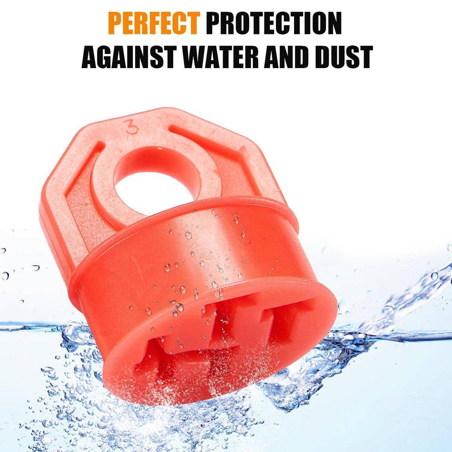 Orange wasserdichter und staubdichter Schutzschlauch, der ins Wasser spritzt, mit dem Text „PERFEKTER SCHUTZ GEGEN WASSER UND STAUB".