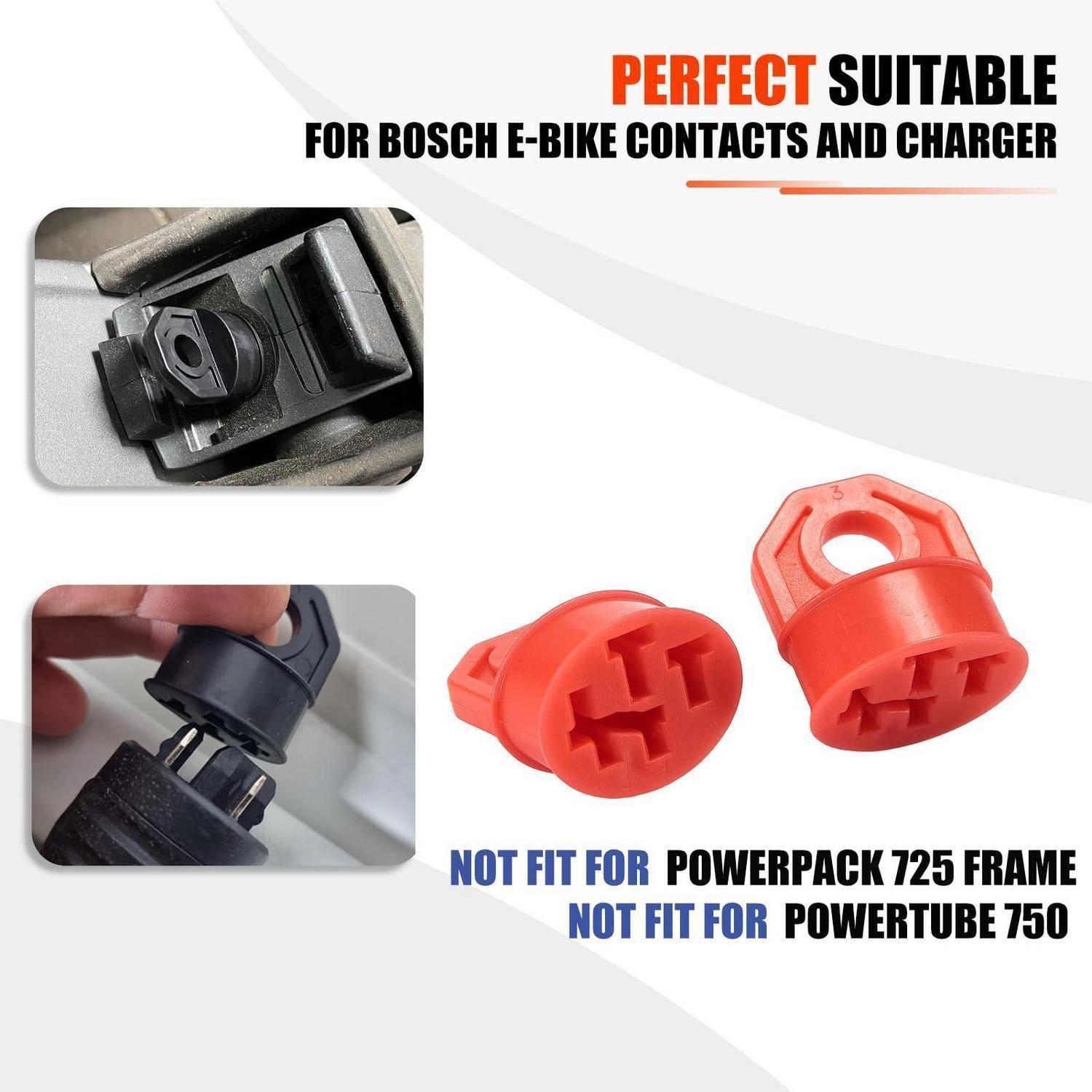 Produktabbildung zeigt rote Bosch-E-Bike-Kontaktadapter, gekennzeichnet als geeignet für Bosch-E-Bike-Kontakte und Ladegerät, nicht passend für PowerPack 725-Rahmen oder PowerTube 750.