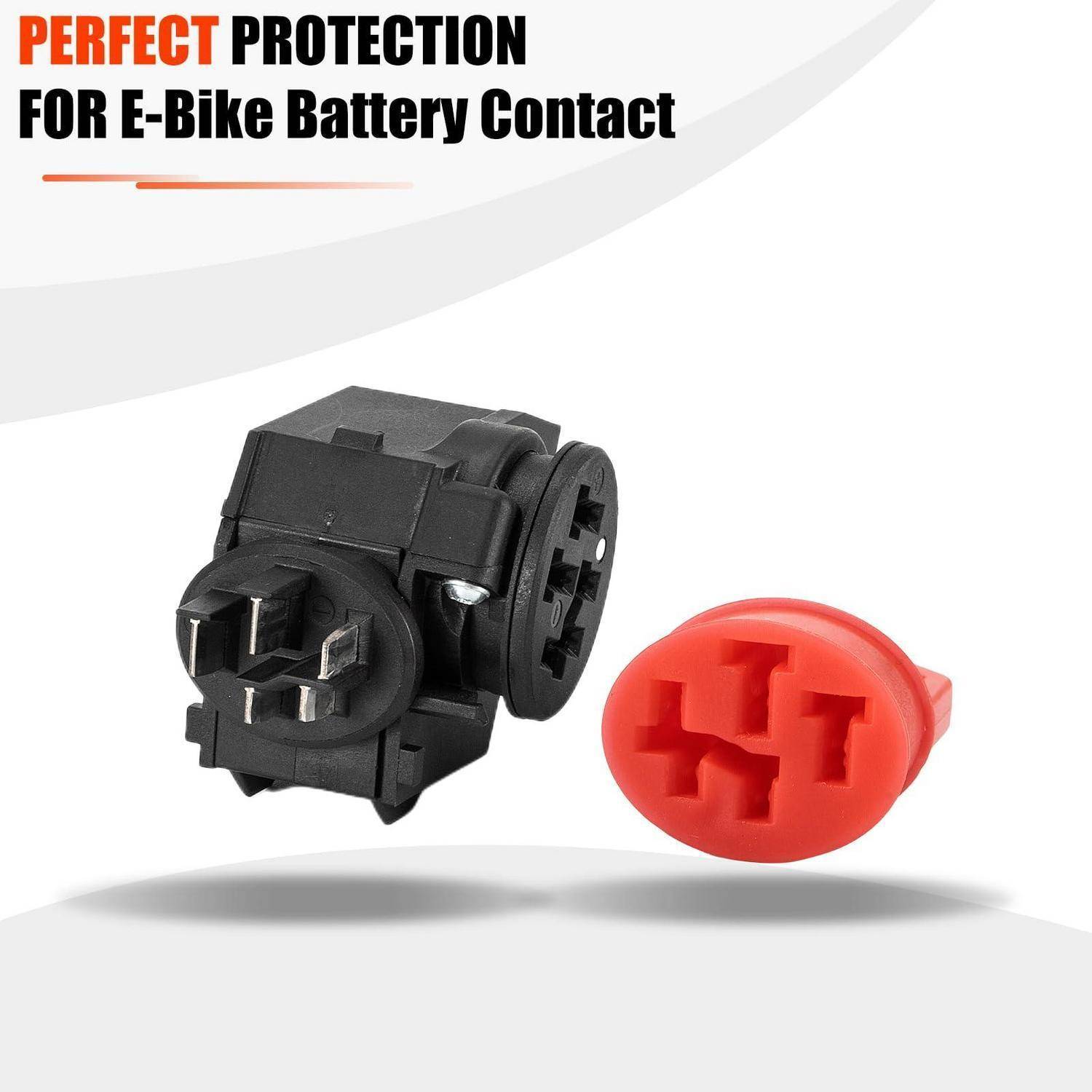 Produktbild zeigt einen schwarzen und einen roten E-Bike-Batterie-Kontaktstecker unter dem Text „PERFEKTER SCHUTZ FÜR E-Bike-Batterie-Kontakte".