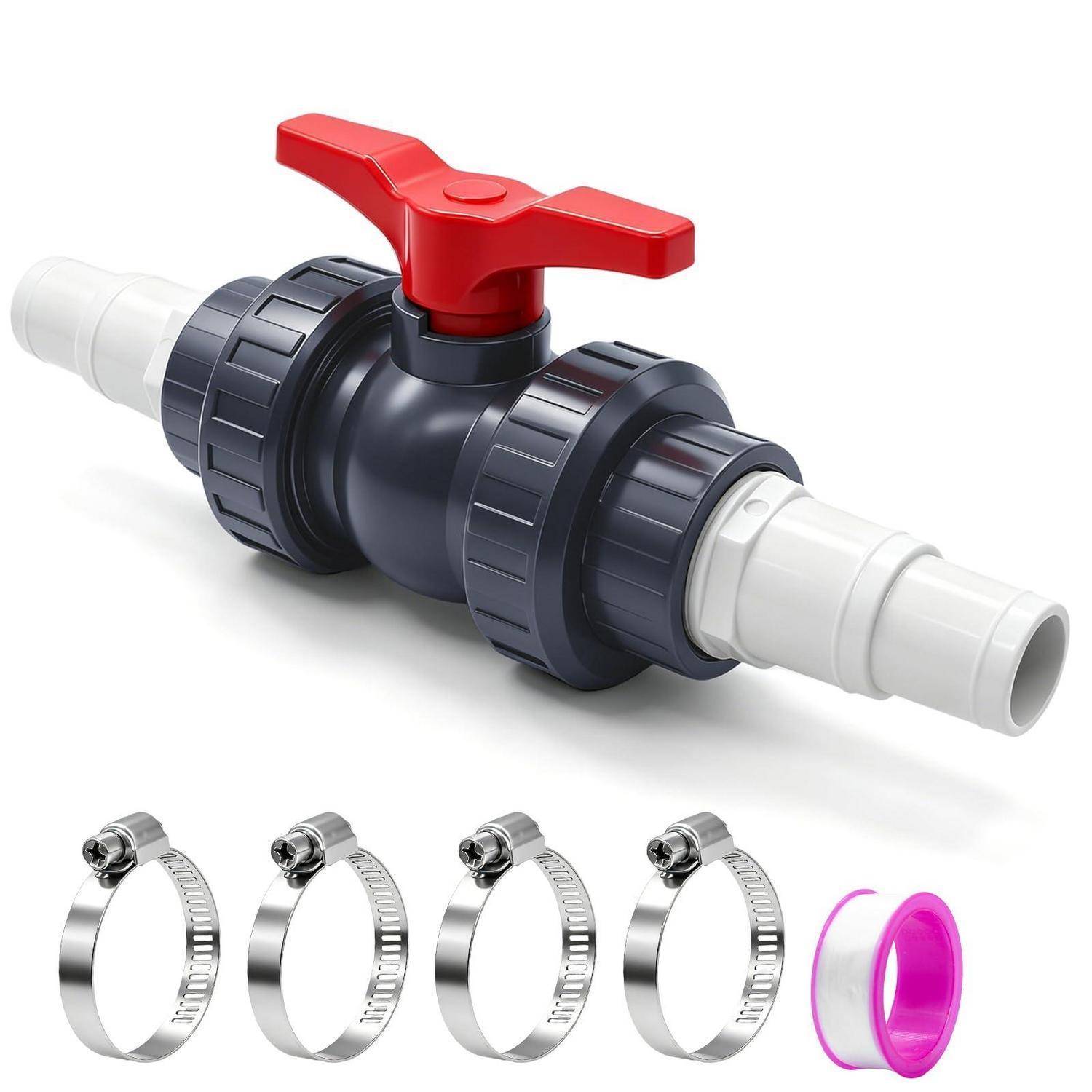 PVC-Kugelhahn mit rotem Hebel und weißen Rohrverschraubungen, dargestellt mit vier Metallschlauchschellen und einer rosa Verschlusskappe unten.