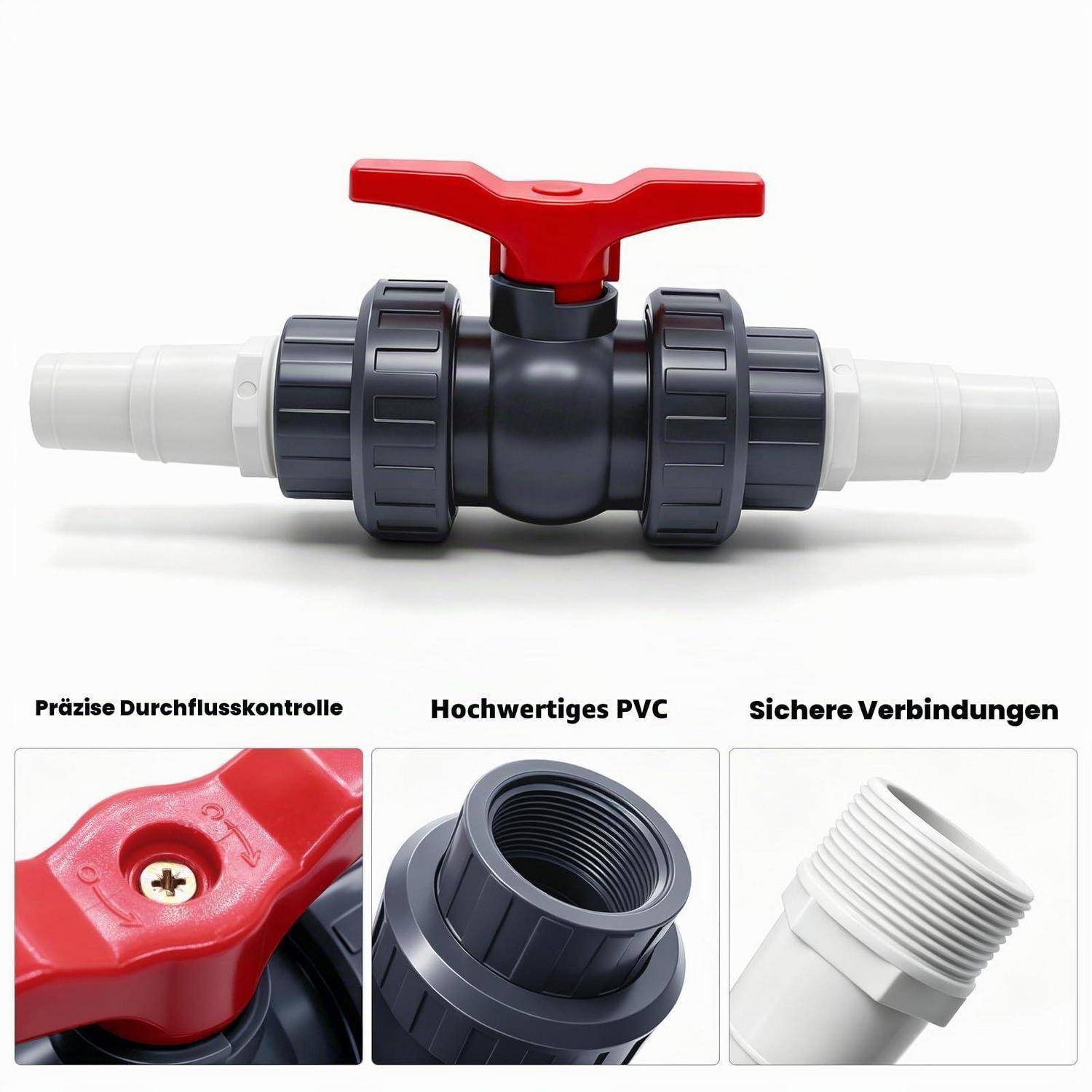 PVC-Kugelventil mit rotem Hebel und Gewinde-Weiß-Anschlüssen, mit Nahaufnahmen, die die Durchflussregelung und sichere Verbindungen hervorheben.