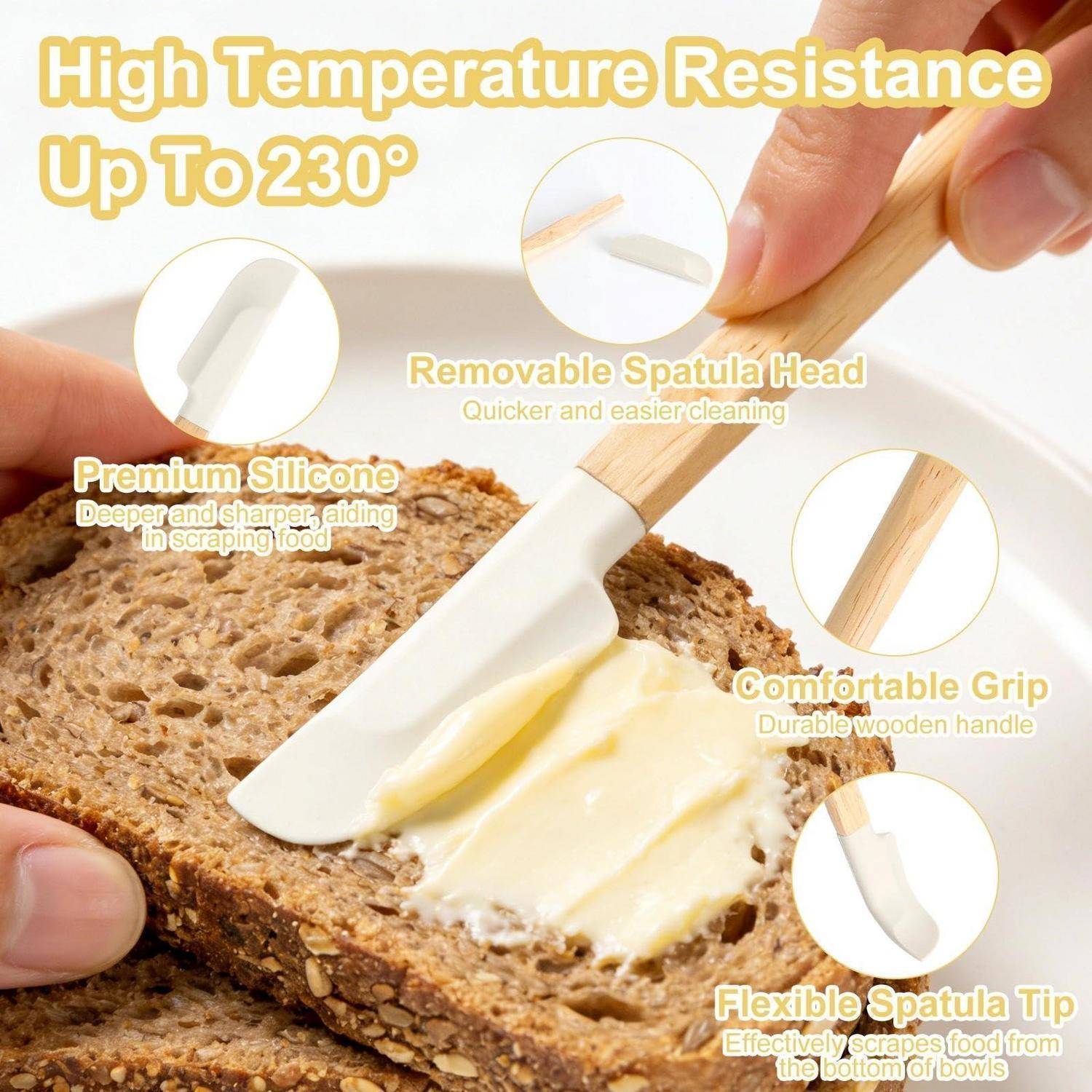 Werbebild einer Silikonspatel, die Butter auf Brot verteilt, mit Hervorhebung der Hitzebeständigkeit von 230°, abnehmbarem Kopf, Holzgriff und flexibler Spitze.