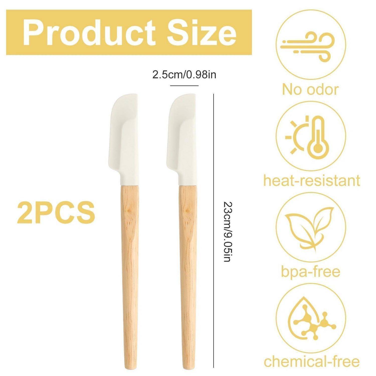 Produktgrößen-Diagramm mit 2 Stück Spachteln, je 23 cm lang und 2,5 cm breit, mit Hinweisen: geruchlos, hitzebeständig, BPA-frei, chemikalienfrei.