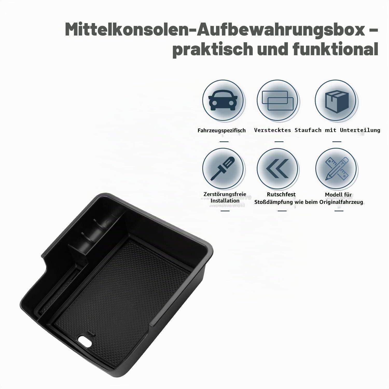 Werbegrafik einer schwarzen Mittelkonsolen-Aufbewahrungsbox mit Trennwand, die sechs Funktionen zeigt: fahrzeugspezifisch, versteckter Stauraum, unterteilt, zerstörungsfreie Installation, Stoßdämpfung und OEM-ähnliche Passform.
