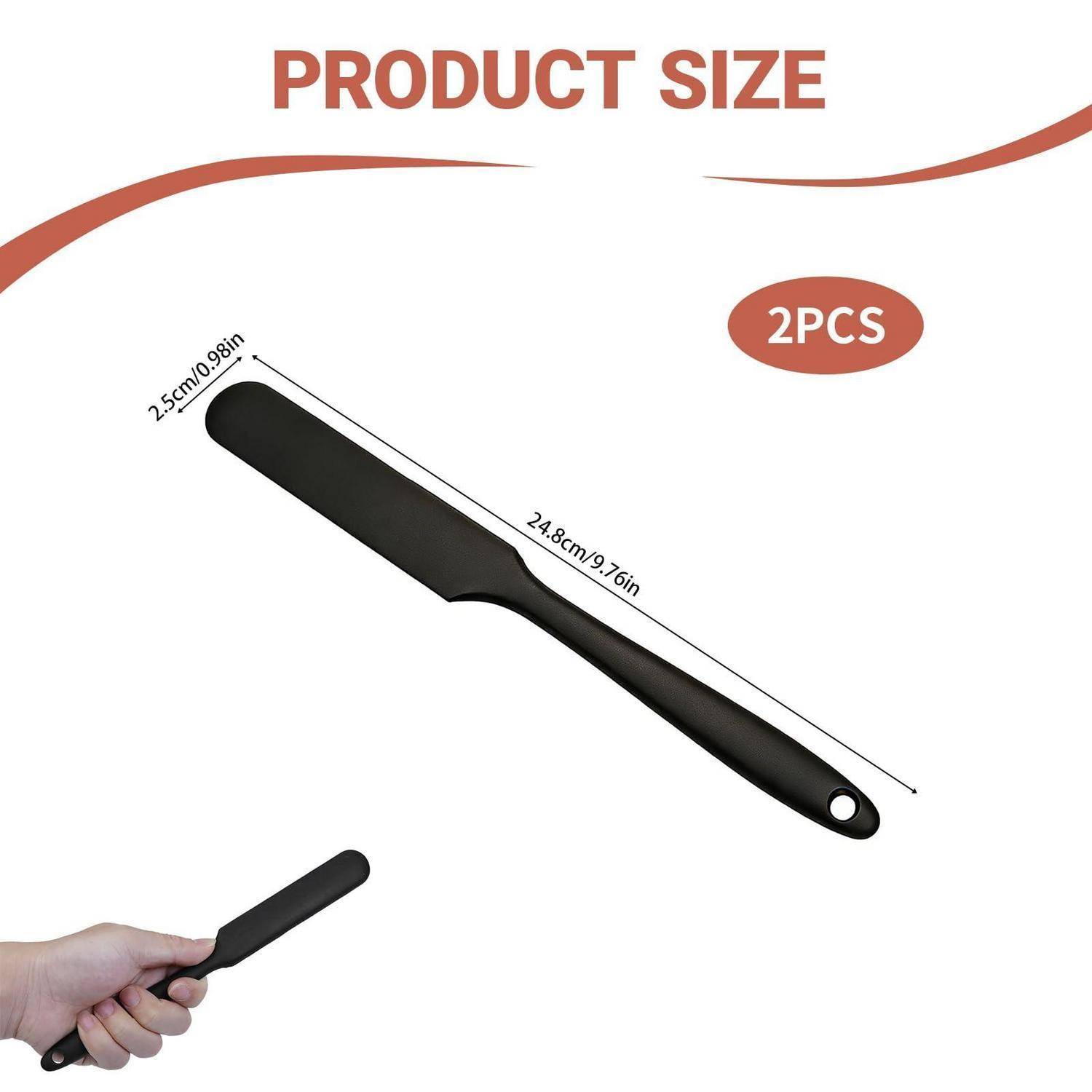 Größendiagramm für ein schwarzes Küchenutensil, das eine Länge von 24,8 cm (9,76 Zoll) und eine Breite von 2,5 cm (0,98 Zoll) zeigt; das Etikett besagt „2STK