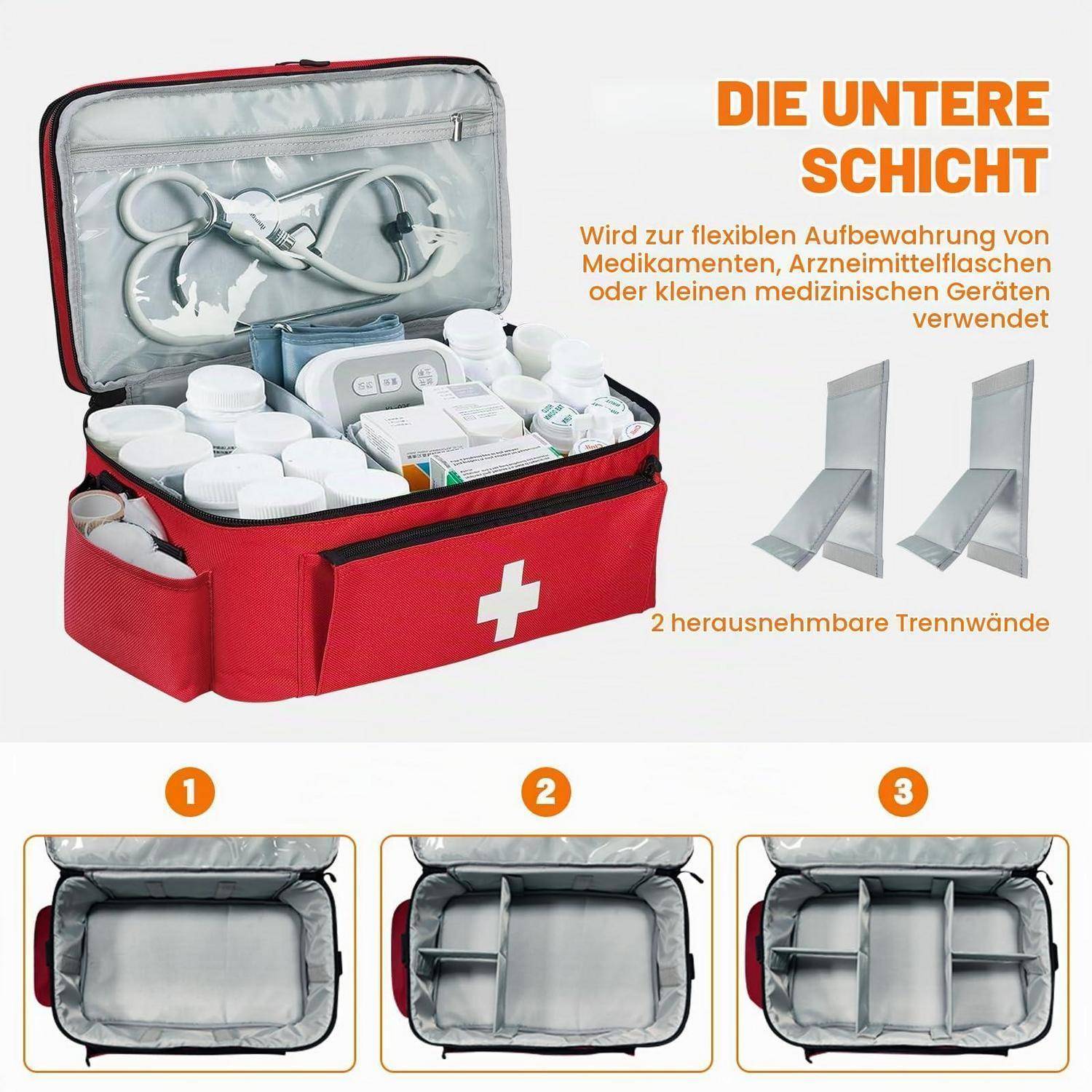 Diagramm des unteren Fachs einer Erste-Hilfe-Tasche mit flexiblem Stauraum für Medikamente und kleine medizinische Geräte mit zwei abnehmbaren Trennwänden.