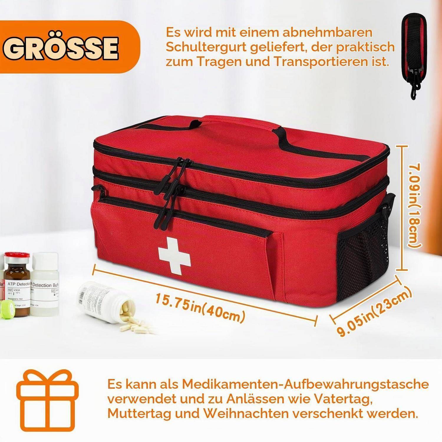 Rote Erste-Hilfe-/Medizintasche mit weißem Kreuz und abnehmbarem Schultergurt, gekennzeichnet mit den Abmessungen 15,75 x 9,05 x 7,09 Zoll und deutschen Gebrauchshinweisen.