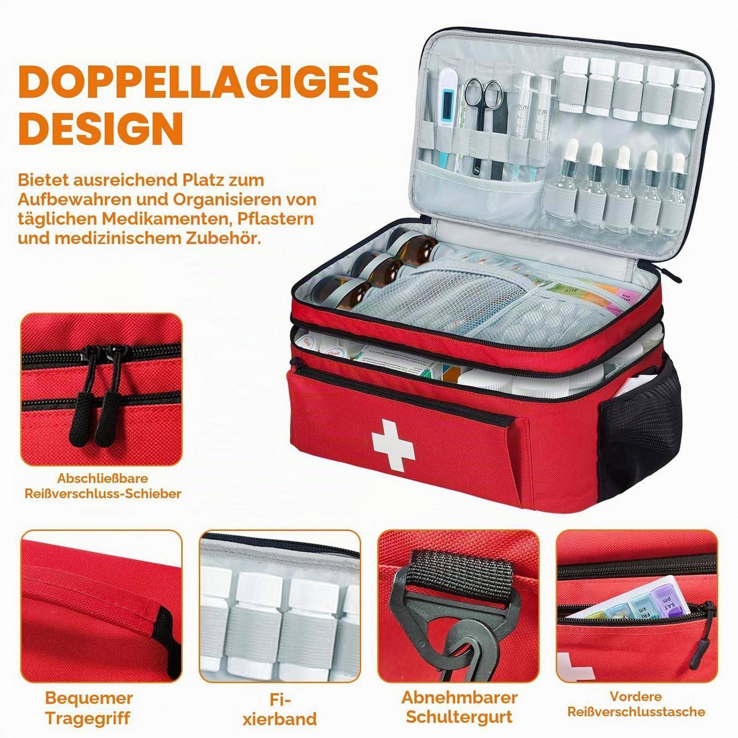 Rote medizinische Dopp-Kit-Organizer mit offenen Fächern für Medikamente und Zubehör, plus Nahaufnahmen, die Reißverschlüsse, abnehmbaren Schultergurt und vordere Tasche zeigen.