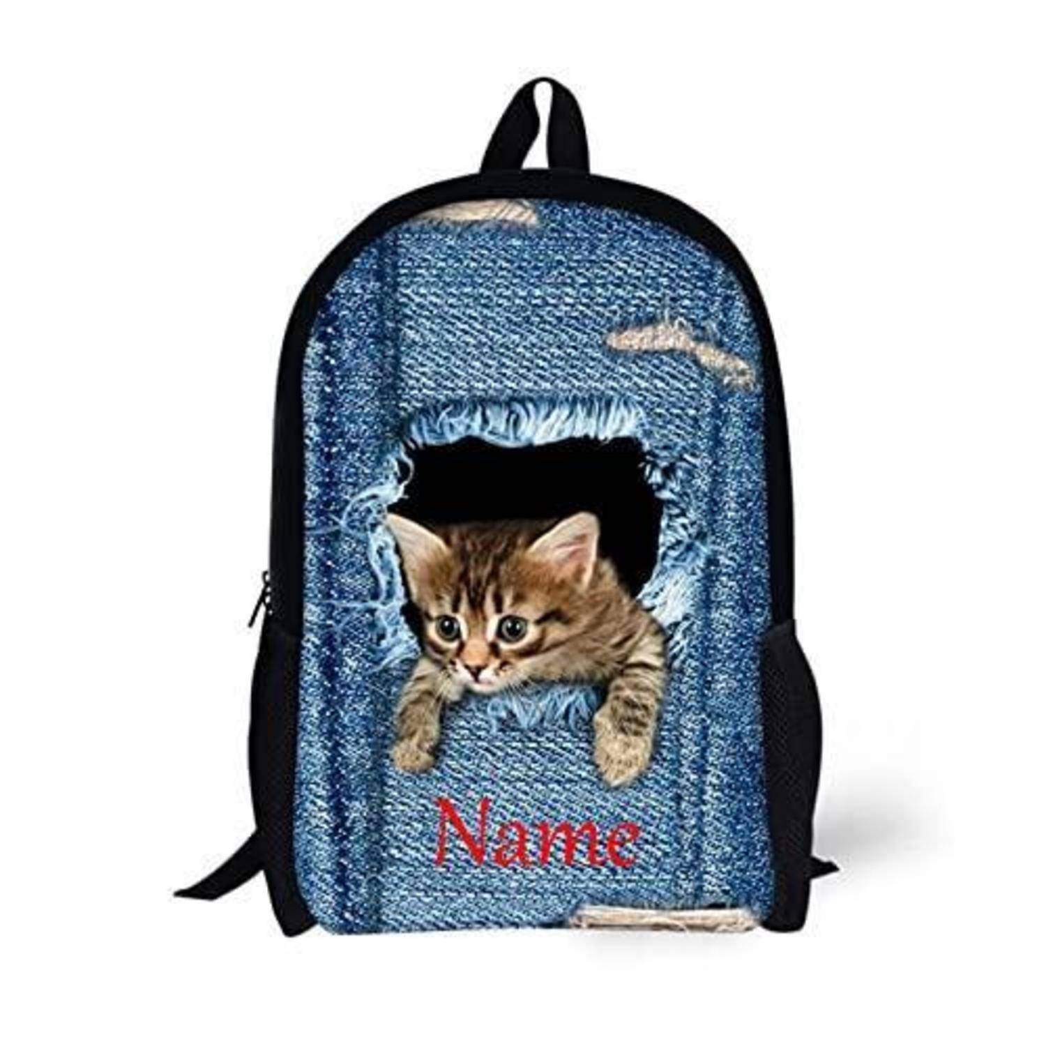 Rucksack im Denim-Stil mit einem Kätzchen, das durch eine zerrissene Fronttasche schaut; "Name"" ist darunter gedruckt.