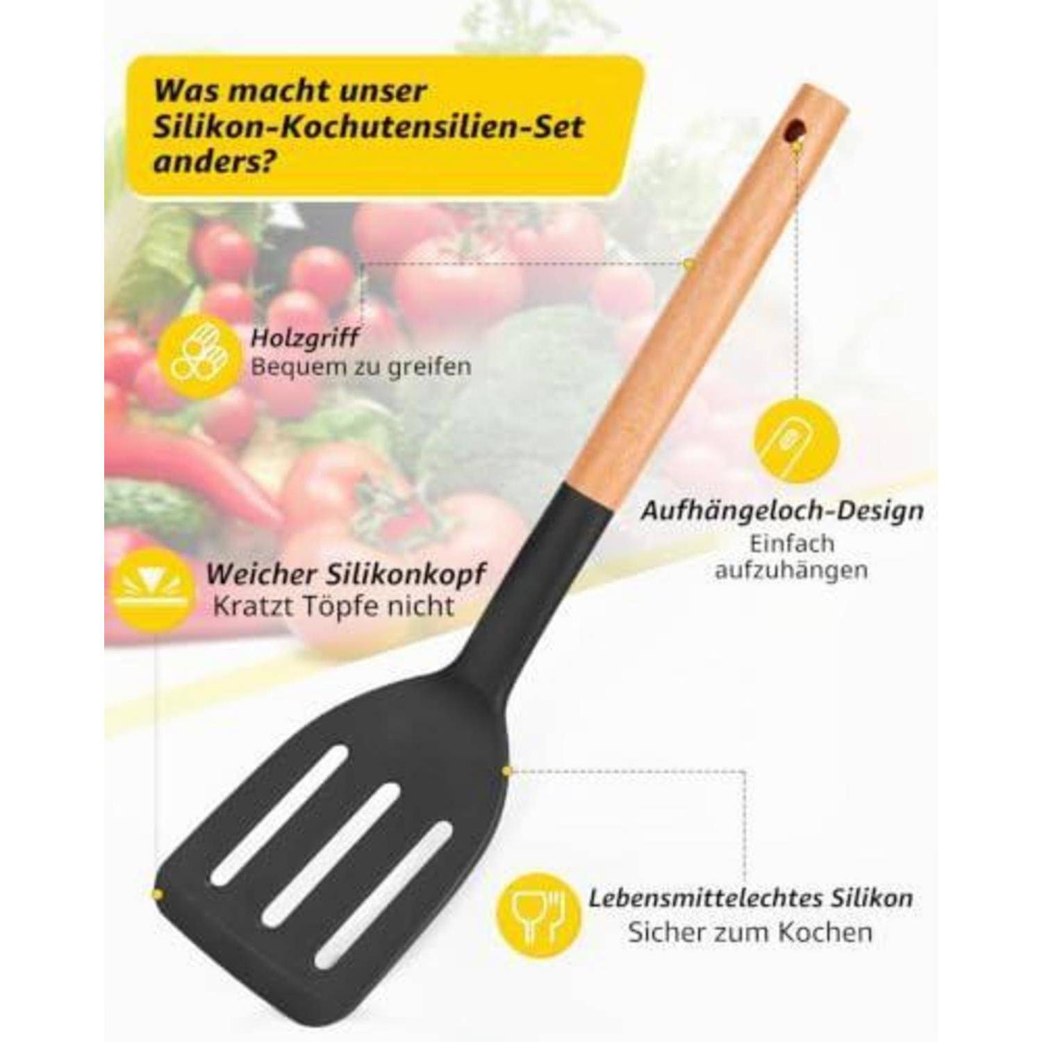 Abbildung eines Silikonkochlöffel-Sets mit Holzgriff, gekennzeichnete Merkmale: bequemer Griff, Aufhängeloch, weiches Silikonkopf, das Töpfe nicht zerkratzt, lebensmittelechtes Silikon.