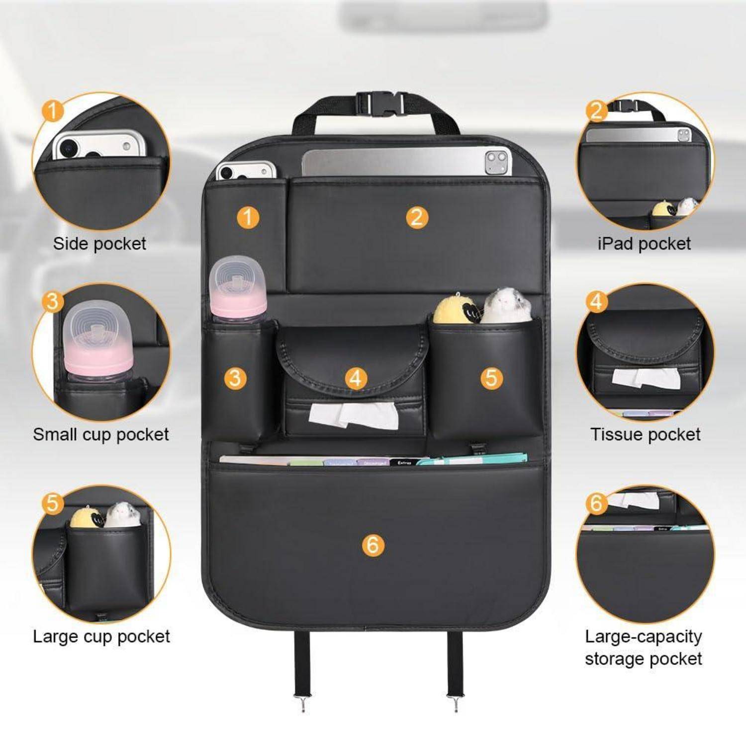 Schwarzer Organizer-Rucksack mit beschrifteten Fächern und Taschen: Seitentasche, iPad-Fach, kleine Tasse, Taschentuch, große Tasse und Aufbewahrungstasche.