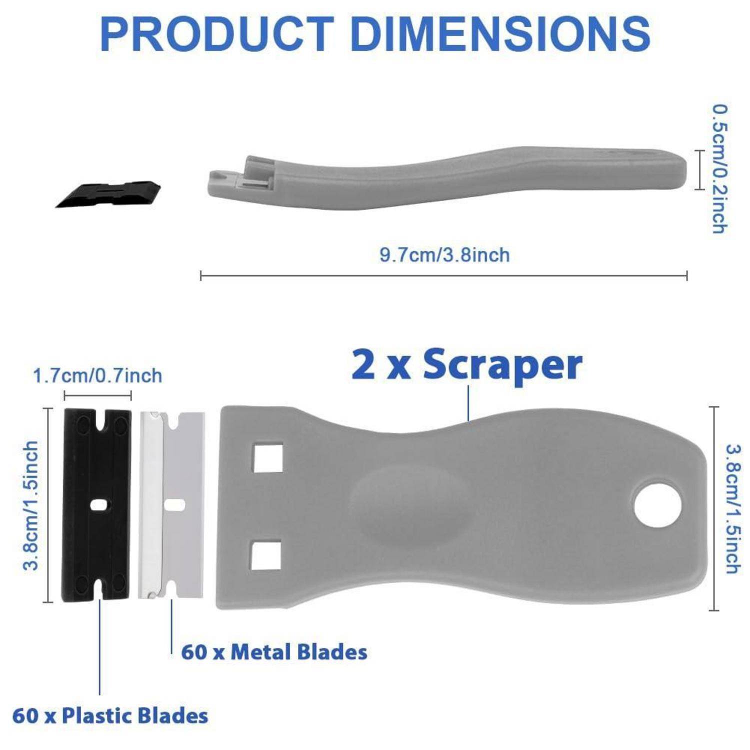 Produktabmessungs-Diagramm für ein Schabersatz: 9,7 cm Griff, 3,8 cm Schaber, 2 Schaber, 60 Metallklingen und 60 Kunststoffklingen.