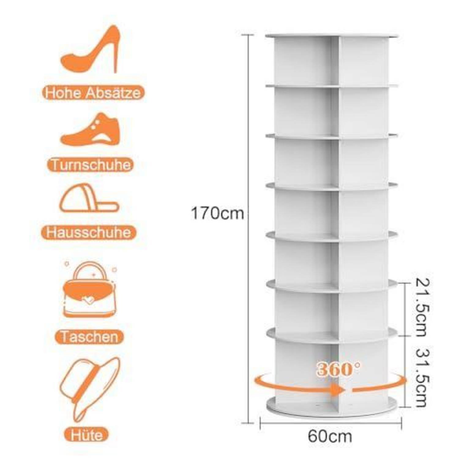 Hohe weiße 360° drehbare Schuhablage, 170 cm hoch und 60 cm breit, mit mehreren Regalen für Absätze, Sneaker, Hausschuhe, Taschen und Hüte.