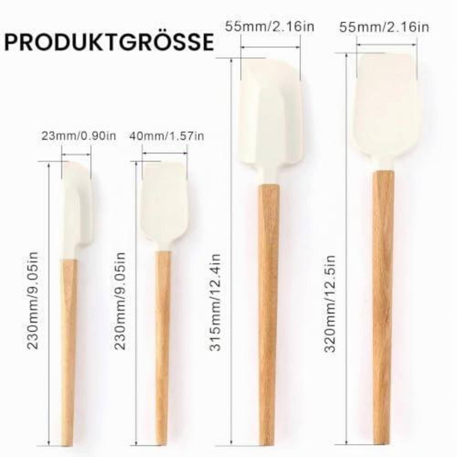 Größentabelle für vier Silikonspatel mit Holzgriffen, beschriftet mit „PRODUKTGRÖSSE