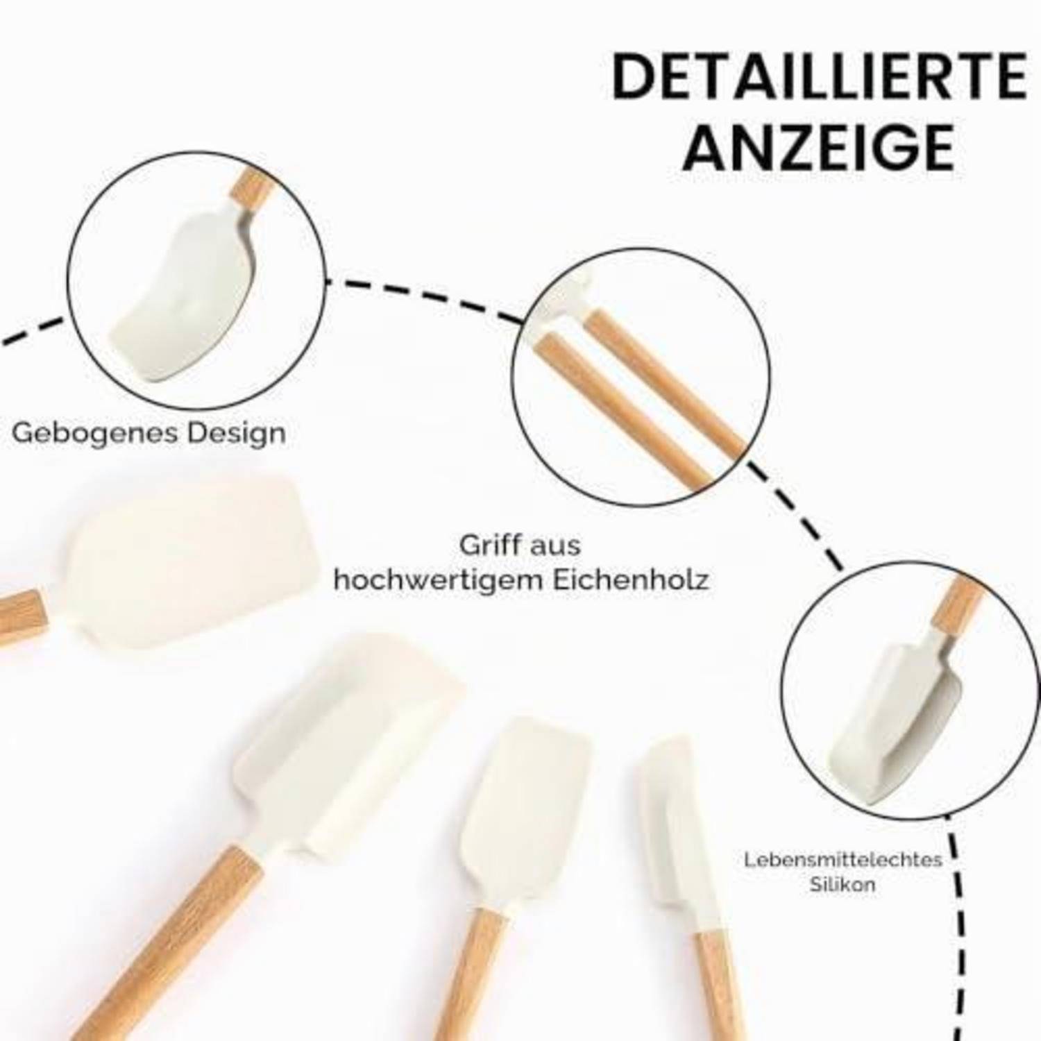 Diagramm eines Silikonspachtels mit Holzgriff, auf Deutsch gekennzeichnet als gebogenes Design, hochwertiger Eichengriff und lebensmittelsicheres Silikon.