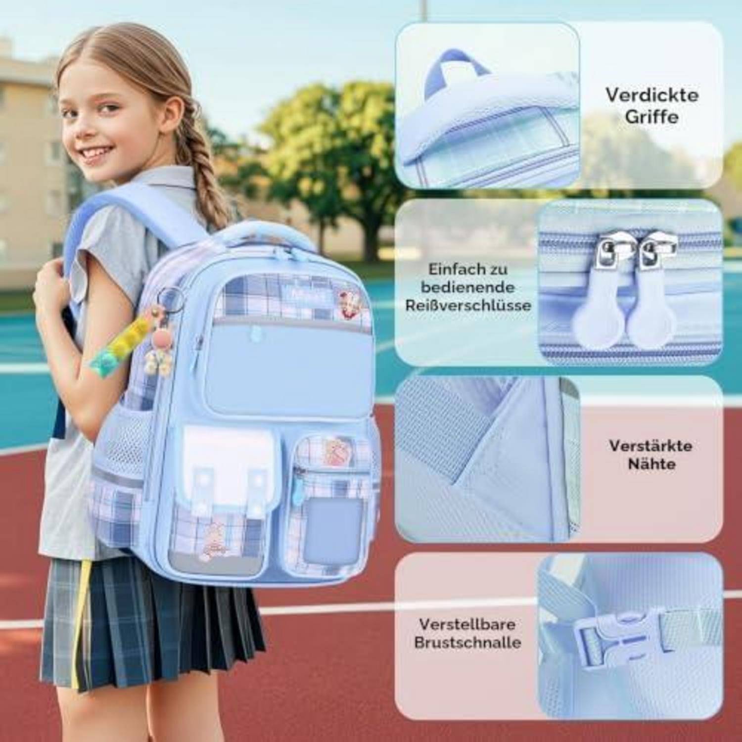 Lächelndes Schulmädchen mit einem hellblauen Rucksack, mit Beschriftungen, die dicke Griffe, benutzerfreundliche Reißverschlüsse, verstärkte Nähte und einen verstellbaren Brustgurt zeigen.