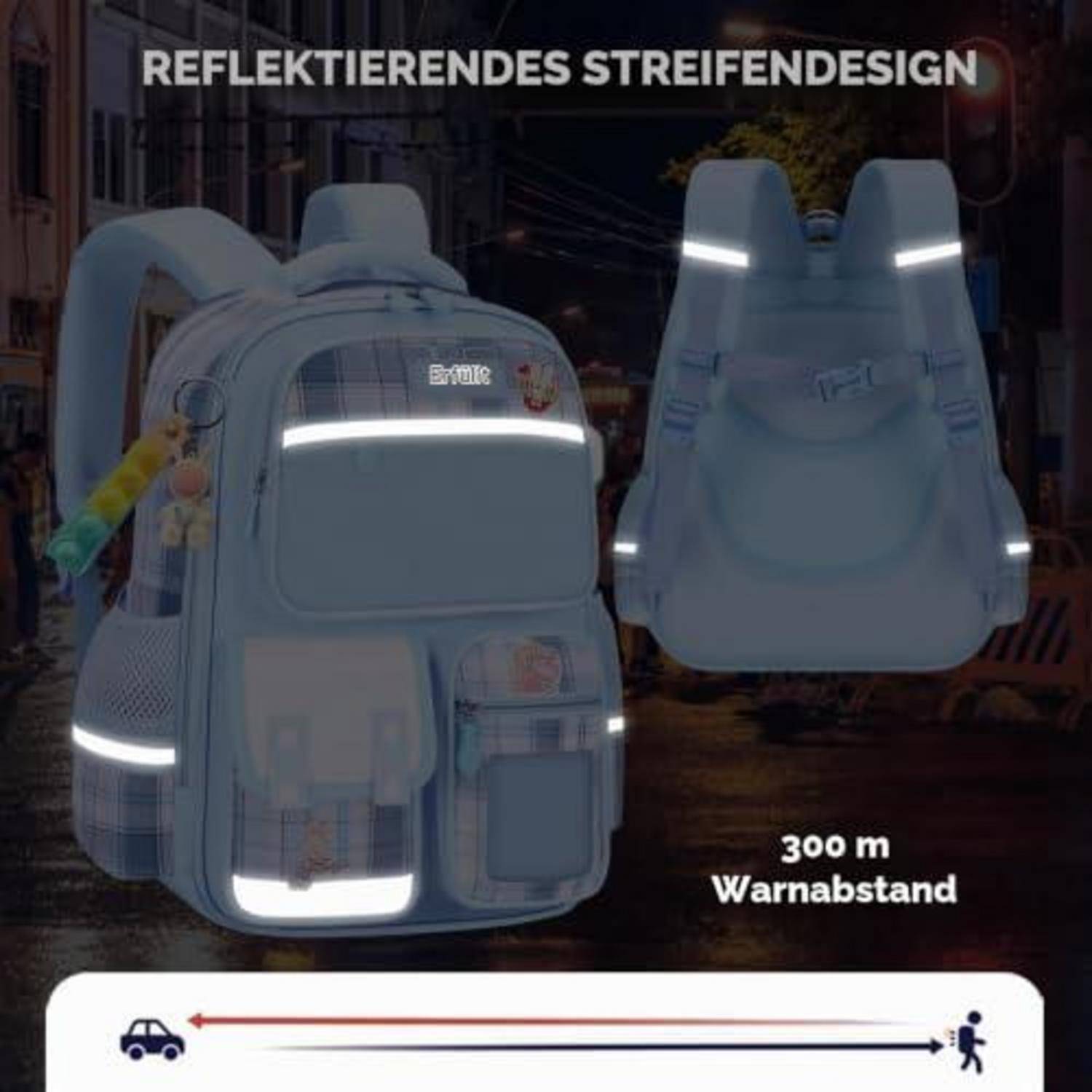 Reflektives Rucksackdesign mit hellen Streifen für Sichtbarkeit; Text sagt „300 m Warnabstand" und zeigt Rucksackvorder- und Rückseite.