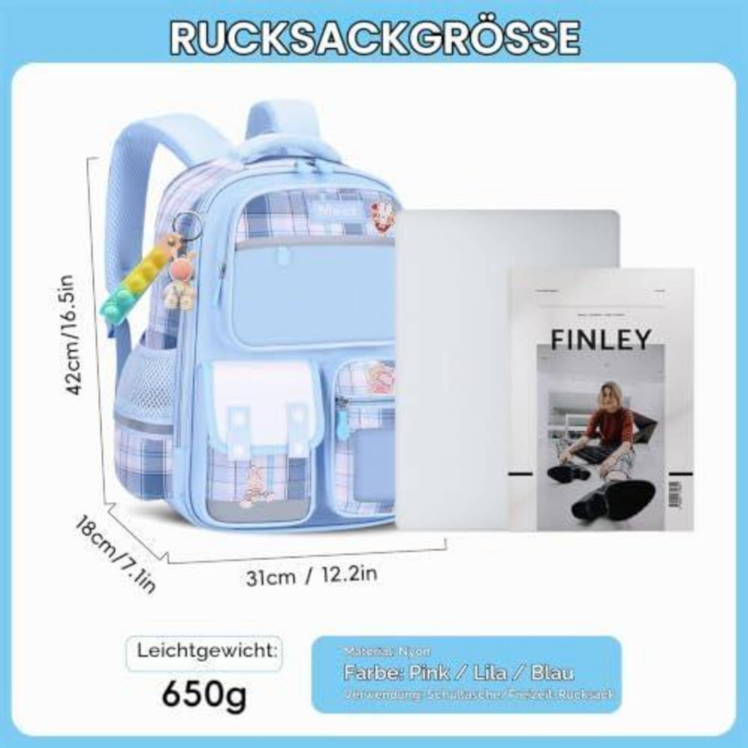 Rucksackgrößentabelle mit einem blauen karierten Rucksack, mit den Maßen 42 cm Höhe, 31 cm Breite, 18 cm Tiefe, Gewicht 650 g, mit einem Laptop und Buch als Größenvergleich.