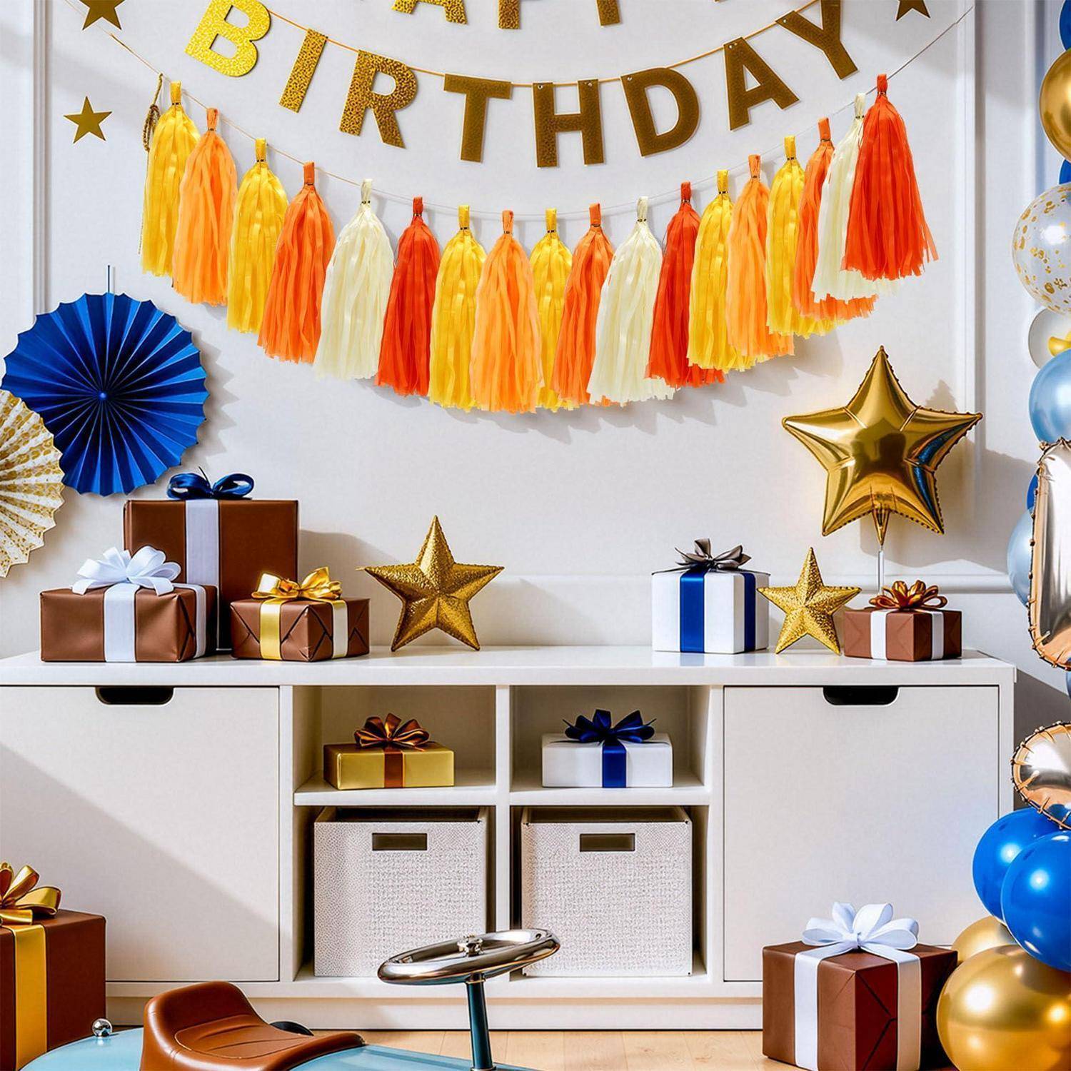 Geburtstagsfeier-Display mit goldenem „HAPPY BIRTHDAY