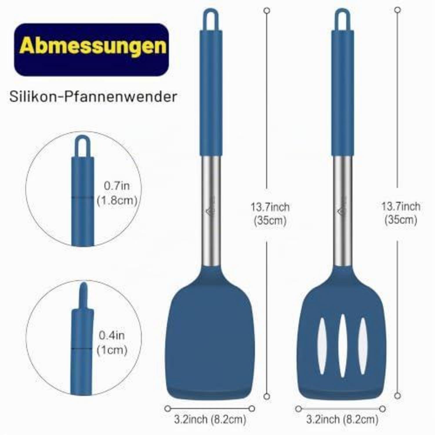 Größendiagramm für einen Silikonspatel-Wender, das beide Versionen – massiv und geschlitzt – zeigt. Abmessungen: 13,7 Zoll lang, 3,2 Zoll breit, Griff 0,7 Zoll, Kopf 0,4 Zoll.