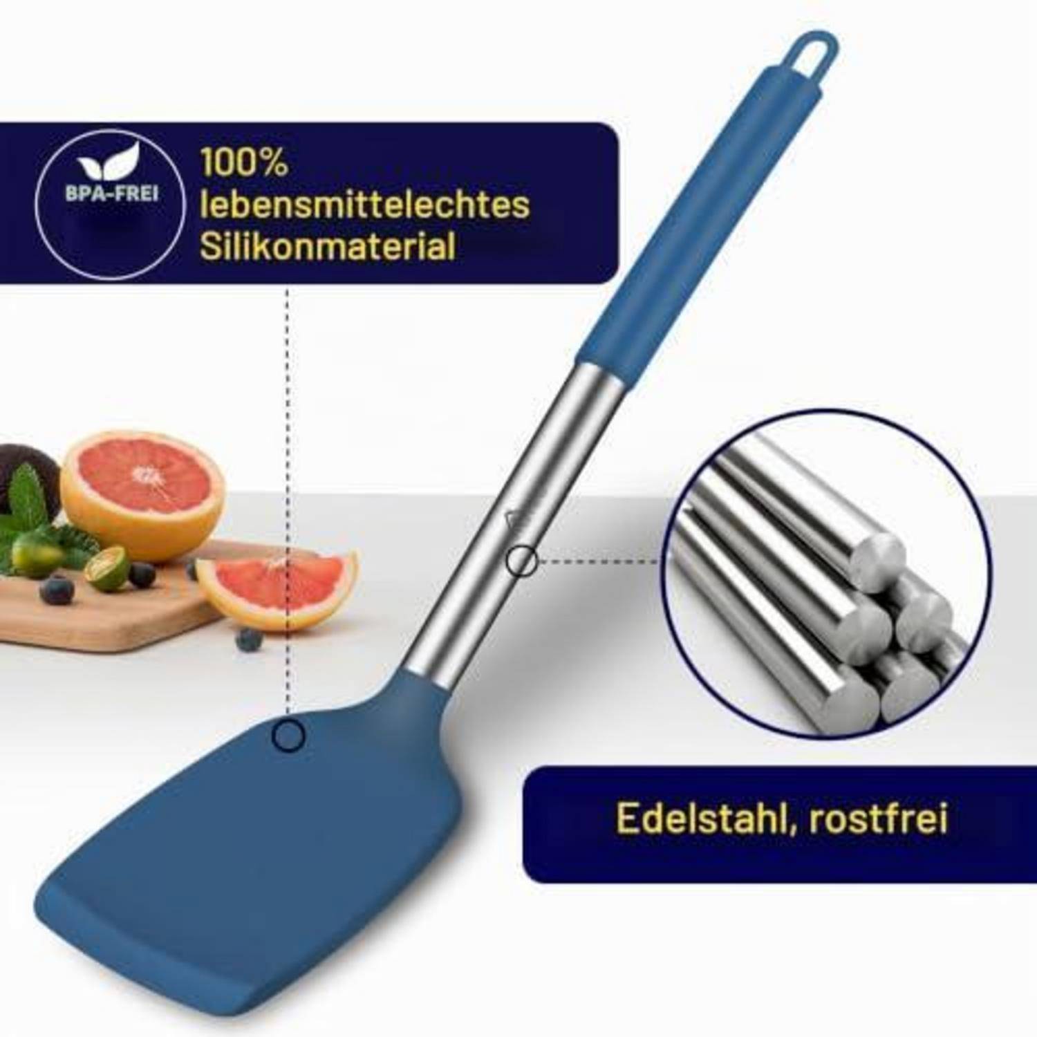 Blauer Silikonspatel mit Edelstahlgriff; Beschriftungen besagen „100% lebensmittelechtes Silikonmaterial