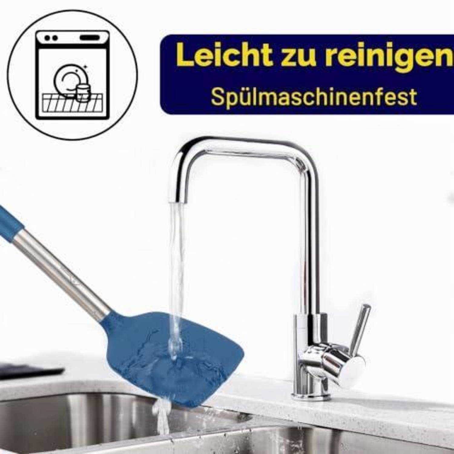Spülmaschinensicherer blauer Silikonspatel unter einem laufenden Küchenhahn, mit deutschem Text „Leicht zu reinigen