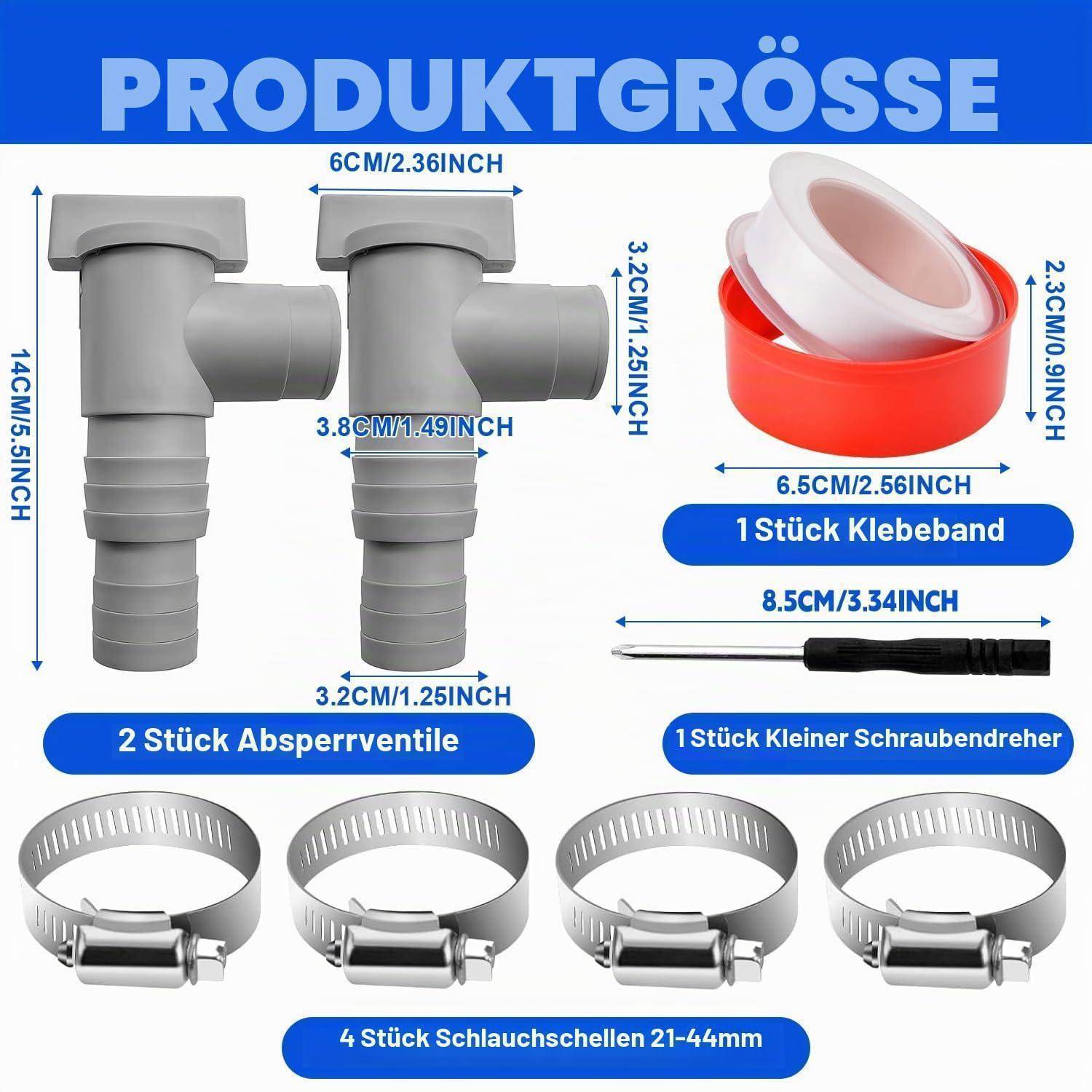 Größendiagramm für ein Entwässerungsventil-Set mit zwei grauen Absperrventilen, Dichtungsband, einem kleinen Schraubendreher und vier Schlauchschellen mit beschrifteten Abmessungen.