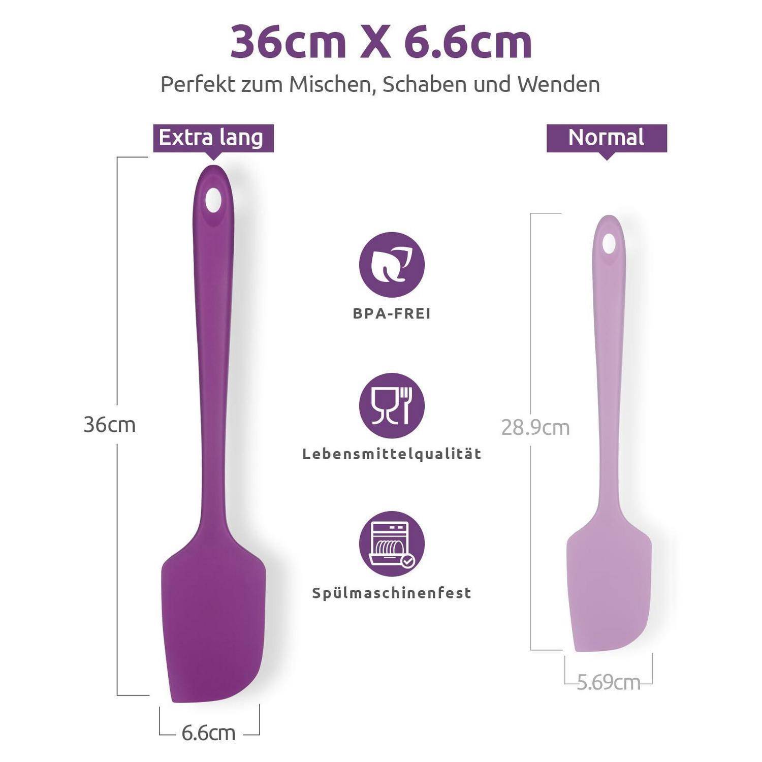Vergleichsgrafik von Silikonspachteln: Das extra lange Modell ist 36 cm x 6,6 cm, das normale Modell ist 28,9 cm x 5,69 cm; gekennzeichnet als BPA-frei, lebensmittelsicher, spülmaschinenfest.