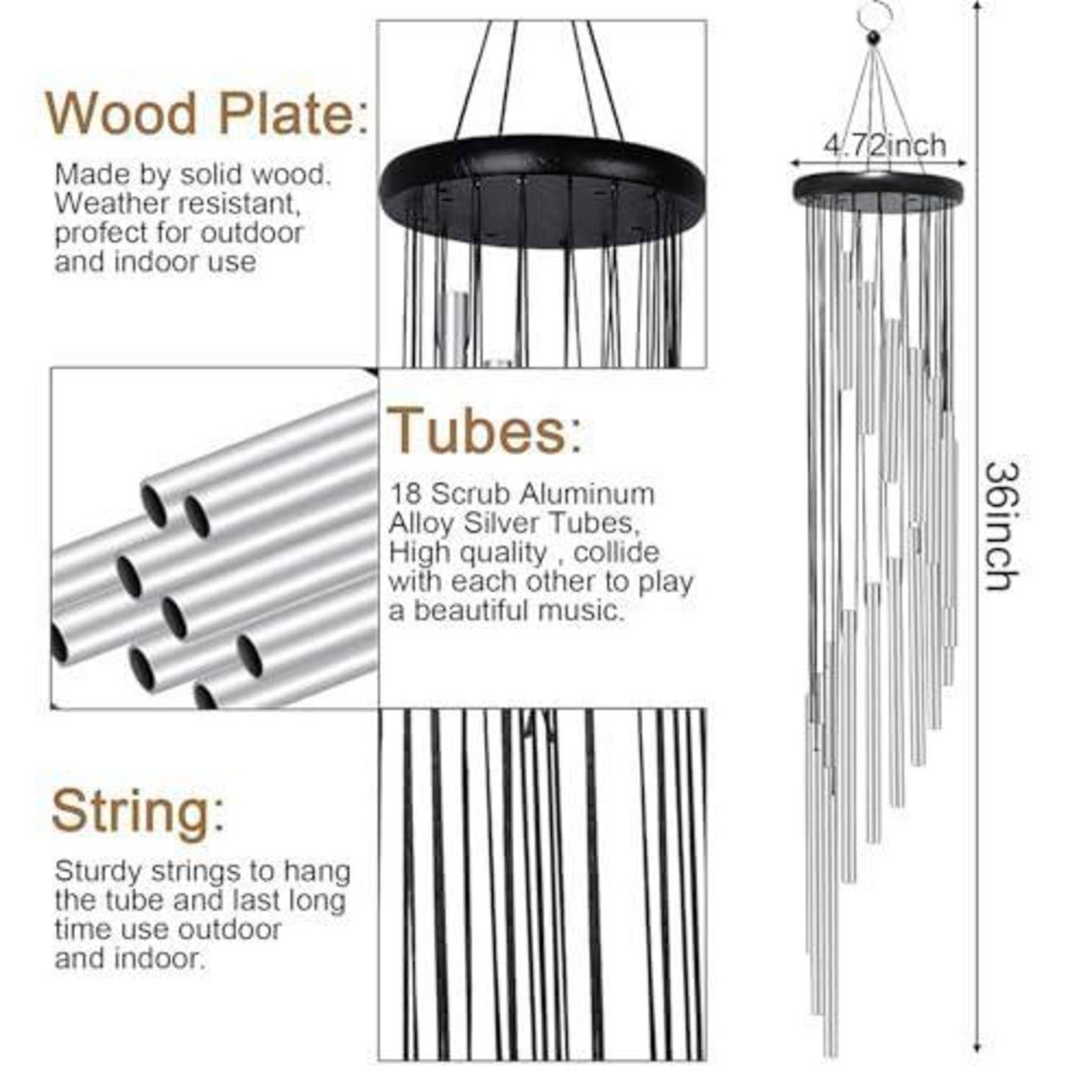Diagramm einer 36-Zoll-Windspiel mit 4,72-Zoll-Holzplatte, 18 Aluminiumröhren und Aufhängungsschnüren, beschriftet für Innen- und Außengebrauch.