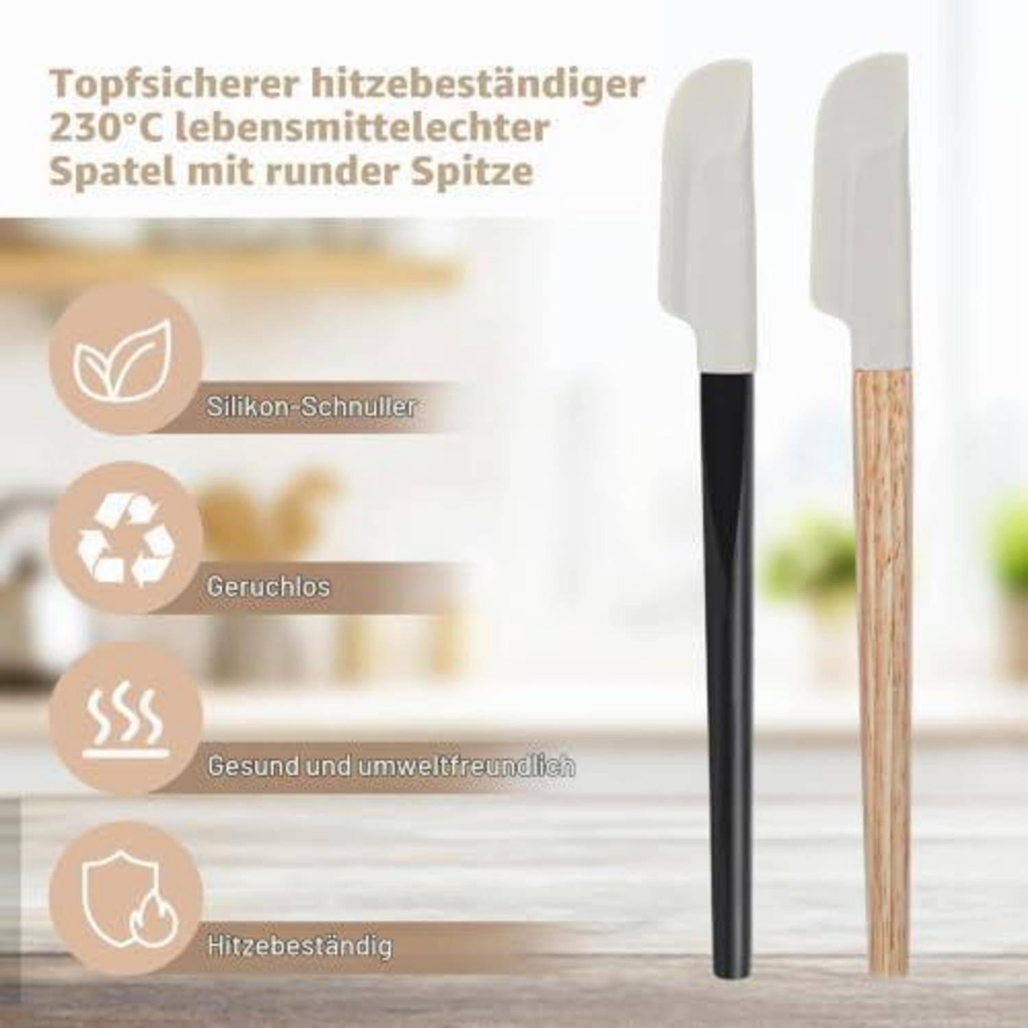 Anzeige für einen hitzebeständigen Spatel mit 230°C Temperaturbeständigkeit, lebensmittelsicher, mit abgerundeter Spitze, in schwarzer Farbe mit Holzgriff, mit Symbolen, die die Merkmale Silikon, geruchlos, umweltfreundlich und hitzebeständig hervorheben.
