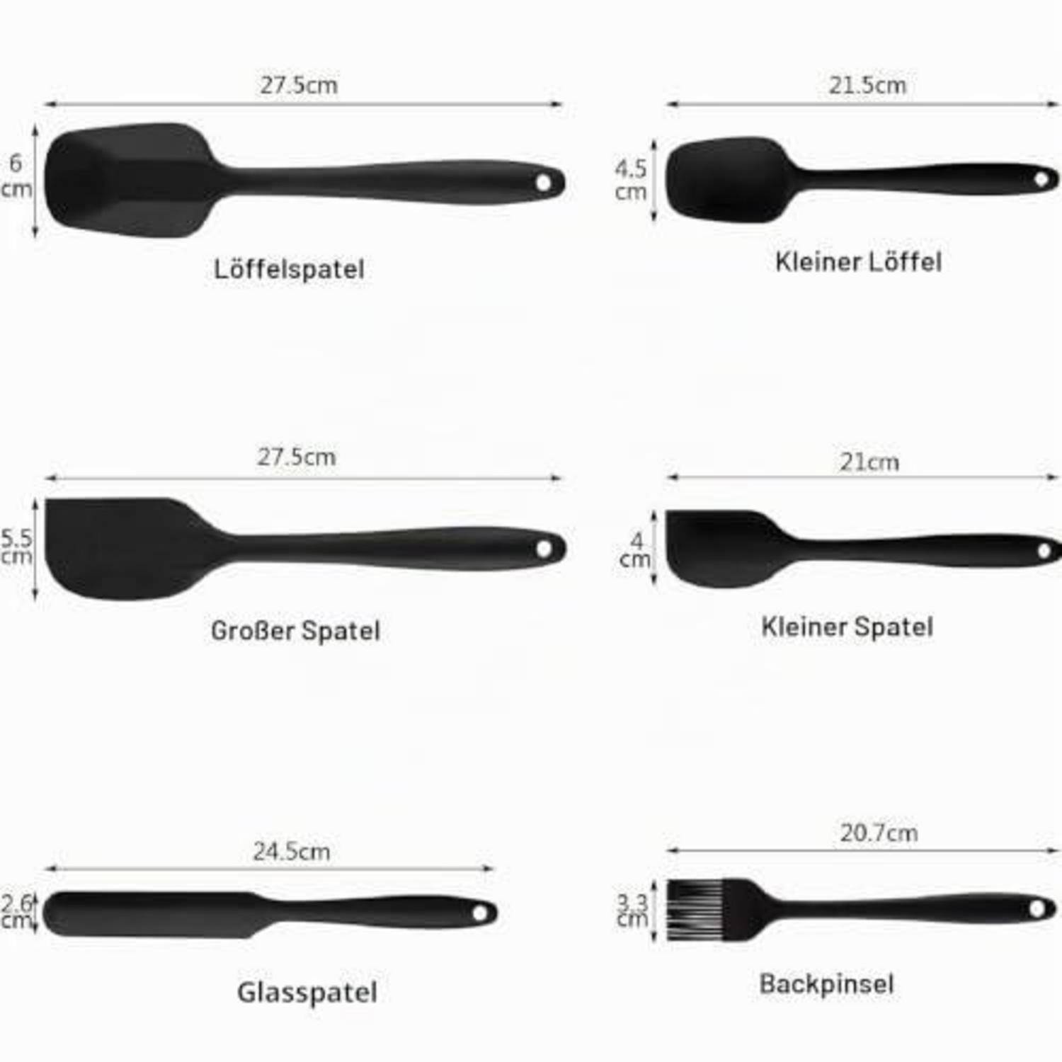 Vergleichstabelle von sechs schwarzen Küchengeräten mit beschrifteten Namen und Abmessungen in Zentimetern: Löffelspatel, Kleiner Löffel, Großer Spatel, Kleiner Spatel, Glasspatel und Backpinsel.