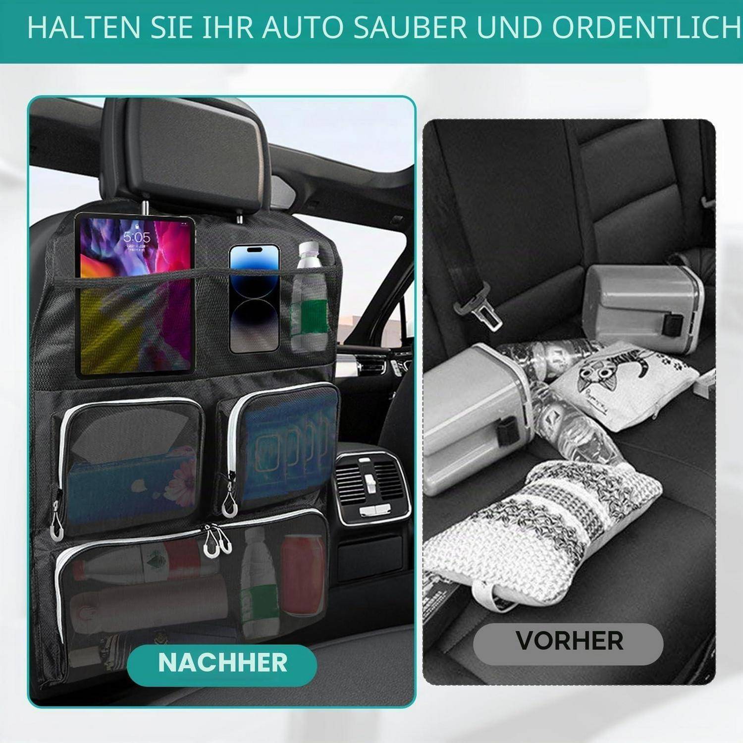 Autositzorganizer vorher und nachher dargestellt: links hält Tablets und Flaschen ordentlich verstaut, rechts zeigt einen unordentlichen Rücksitz mit losen Gegenständen.